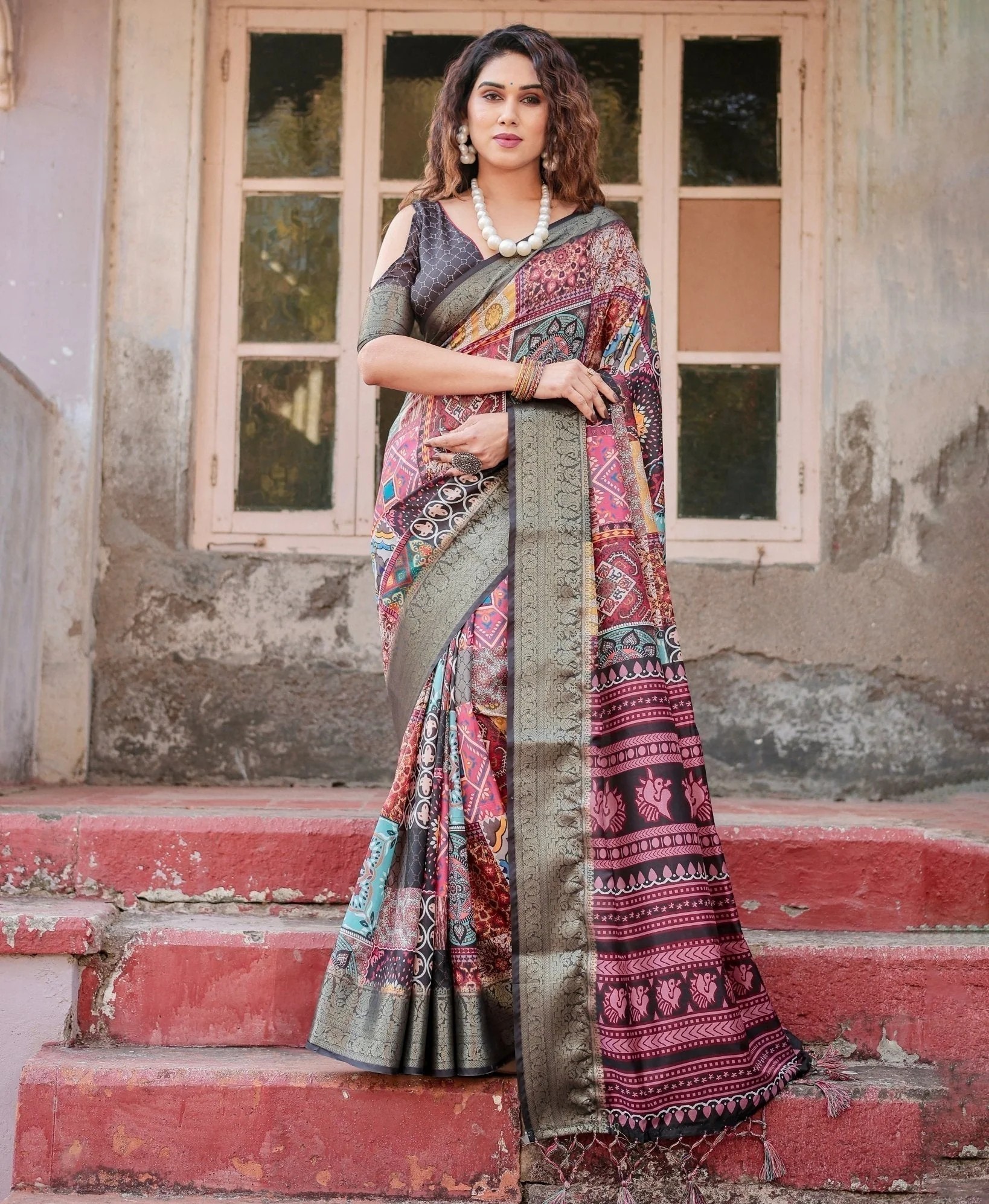 Multicolor Tussar Silk Saree with Ornamental Patchwork and Olive Zari Border (pack of 1)