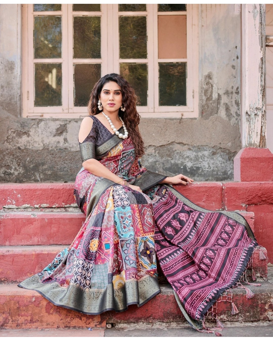 Multicolor Tussar Silk Saree with Ornamental Patchwork and Olive Zari Border (pack of 1)