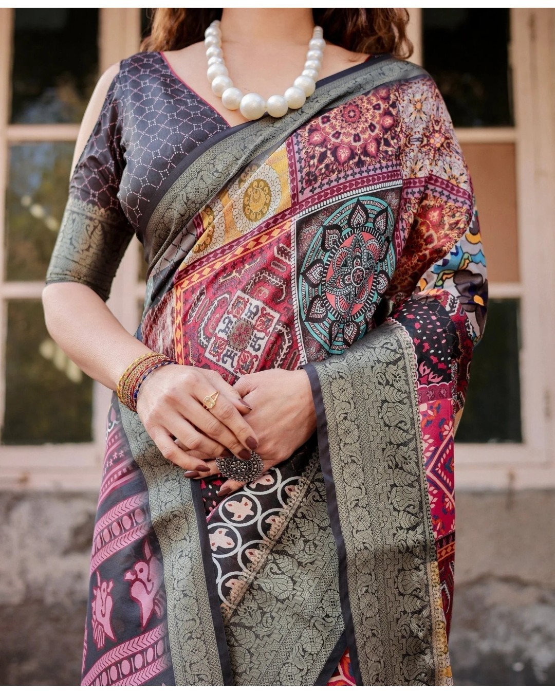 Multicolor Tussar Silk Saree with Ornamental Patchwork and Olive Zari Border (pack of 1)