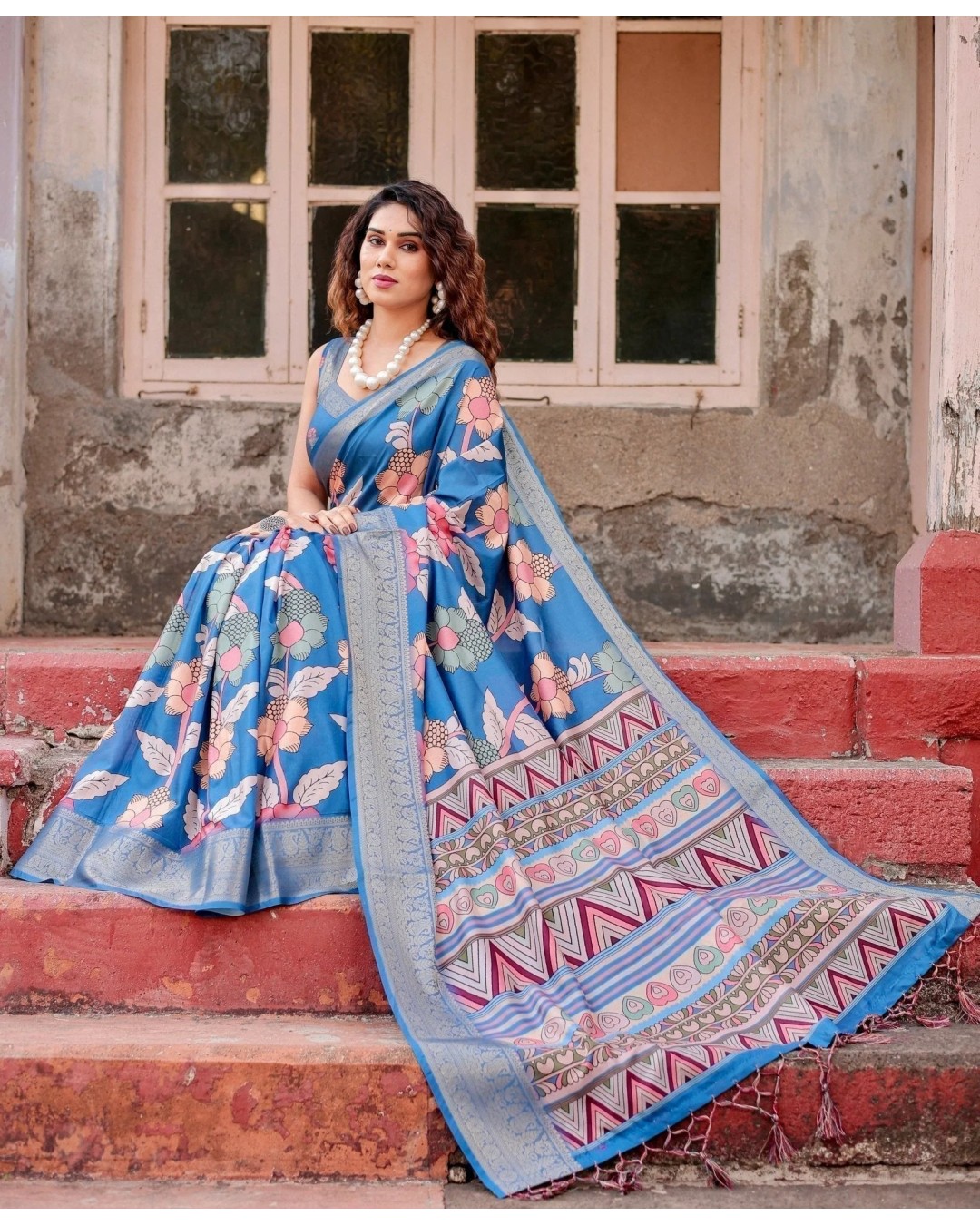 Sky Blue Tussar Silk Saree with Bold Floral Motifs and Chevron Pallu Design (pack of 1)