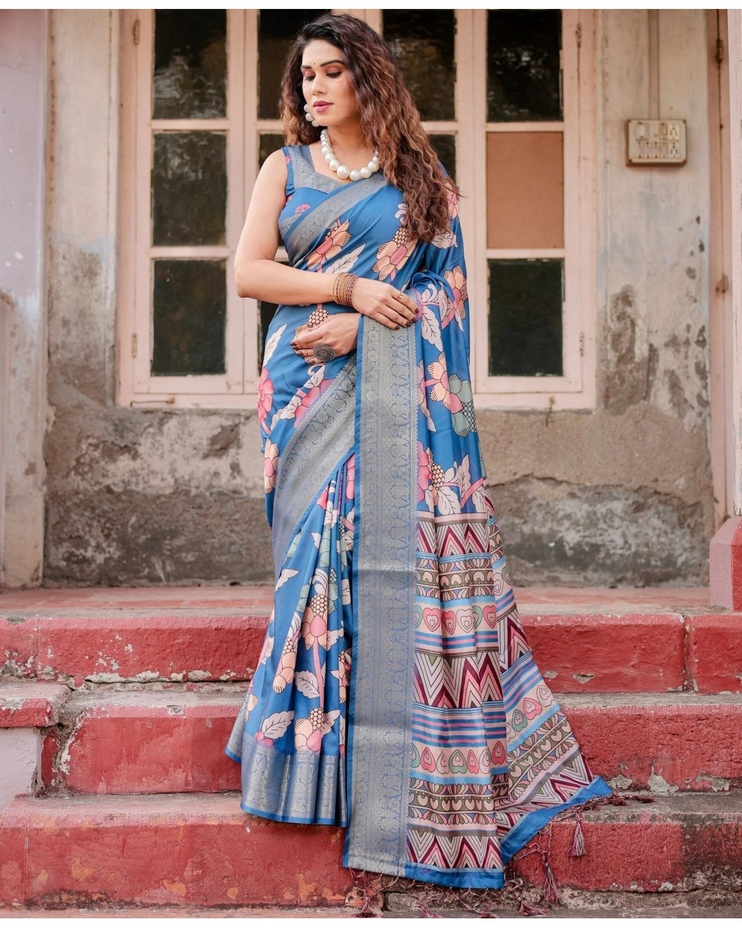 Sky Blue Tussar Silk Saree with Bold Floral Motifs and Chevron Pallu Design (pack of 1)