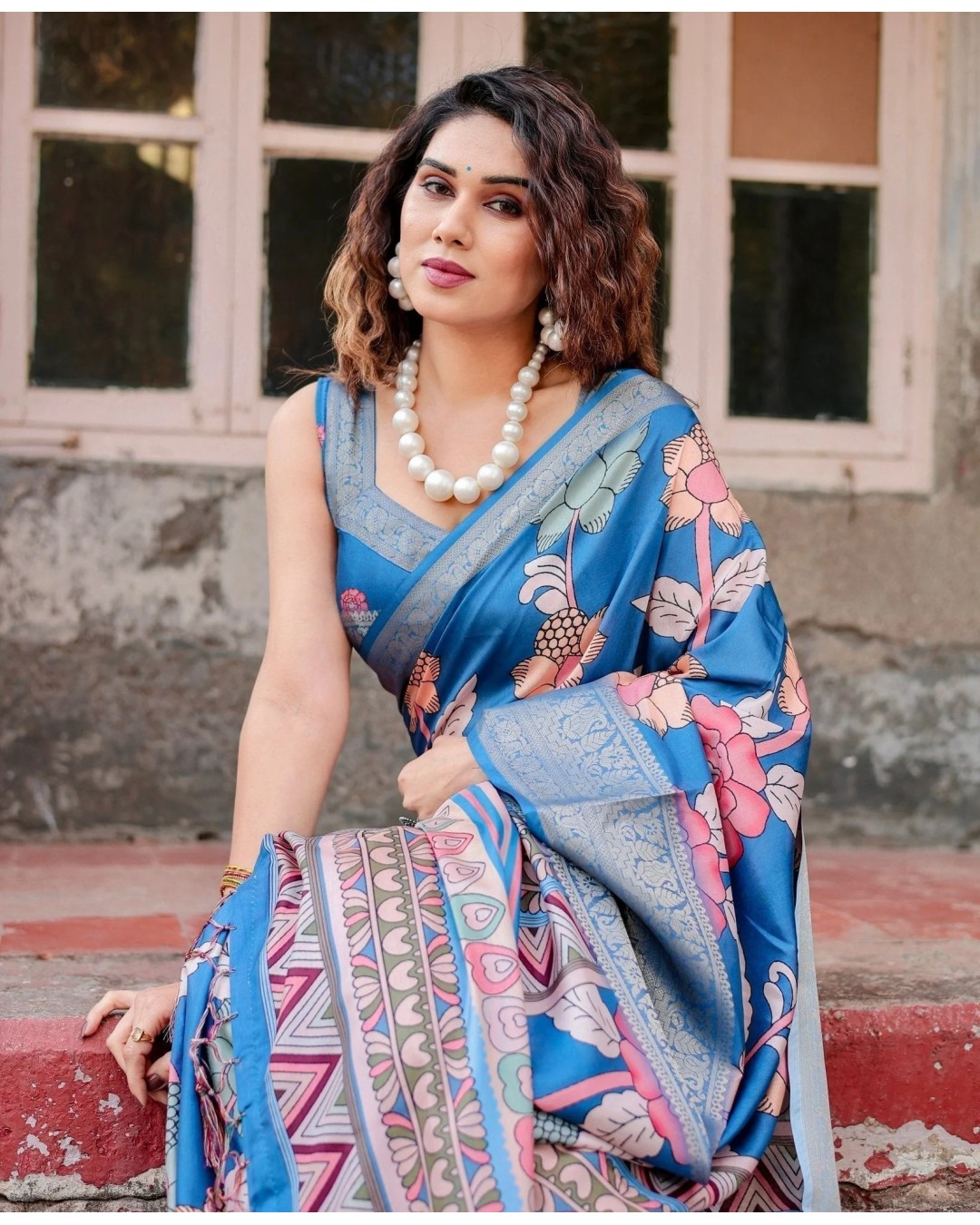 Sky Blue Tussar Silk Saree with Bold Floral Motifs and Chevron Pallu Design (pack of 1)