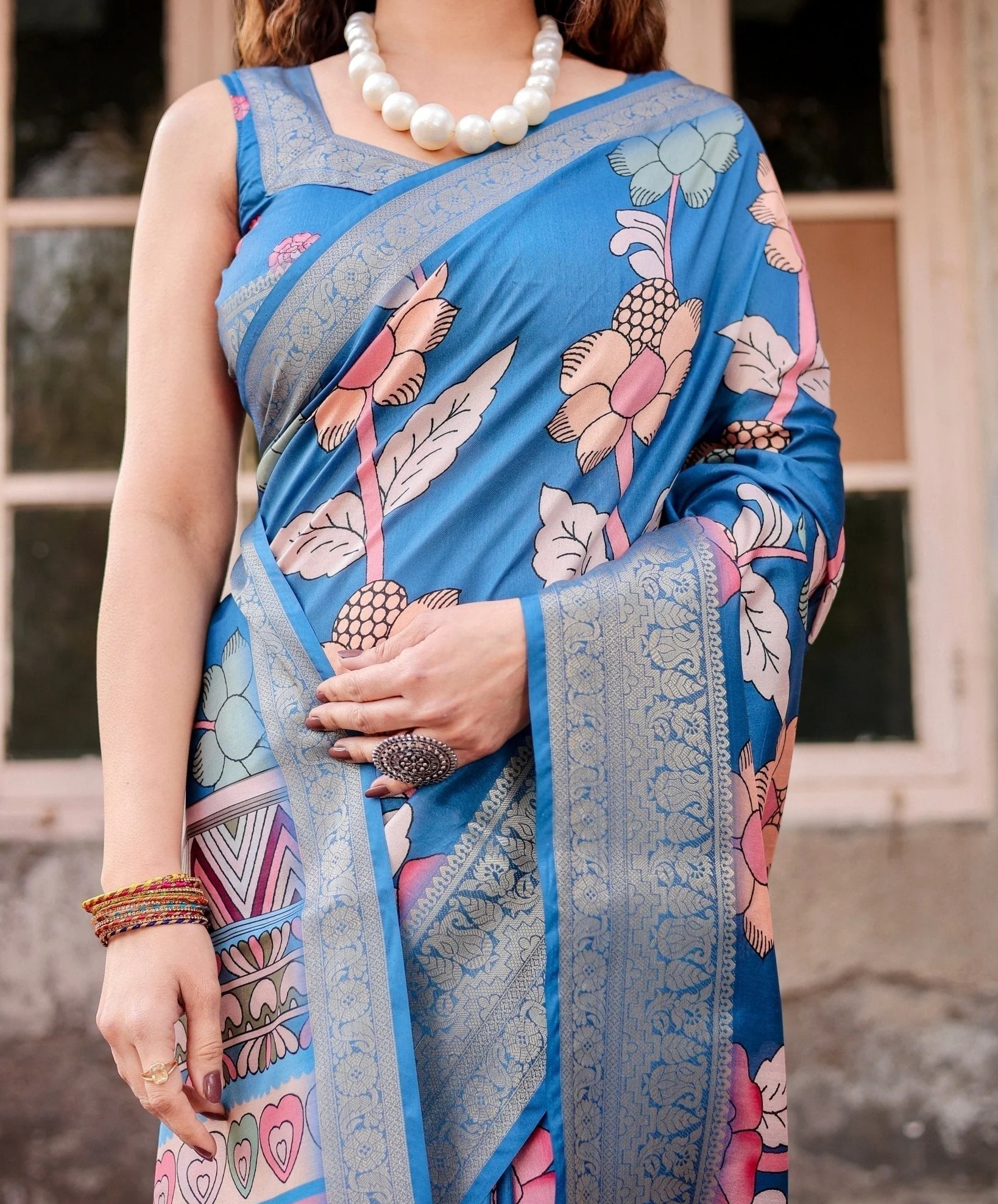 Sky Blue Tussar Silk Saree with Bold Floral Motifs and Chevron Pallu Design (pack of 1)