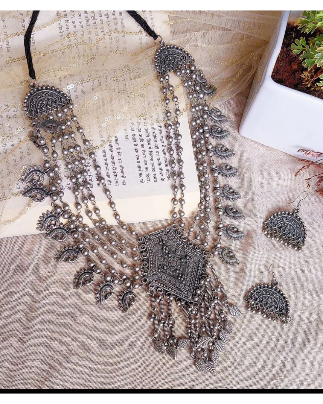 Oxidised Silver Multi-Layer Necklace & Earrings Set (Pack of 1)