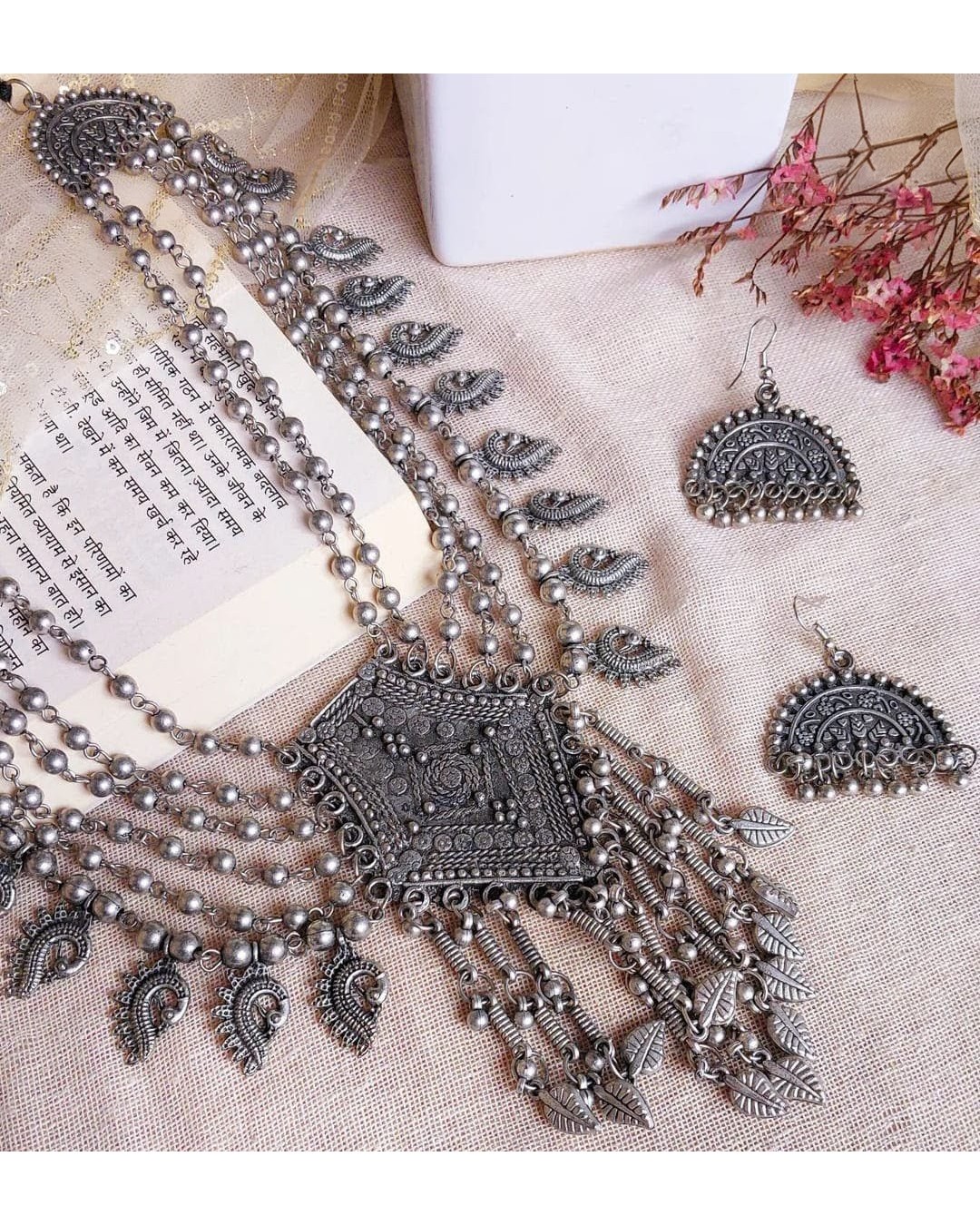 Oxidised Silver Multi-Layer Necklace & Earrings Set (Pack of 1)