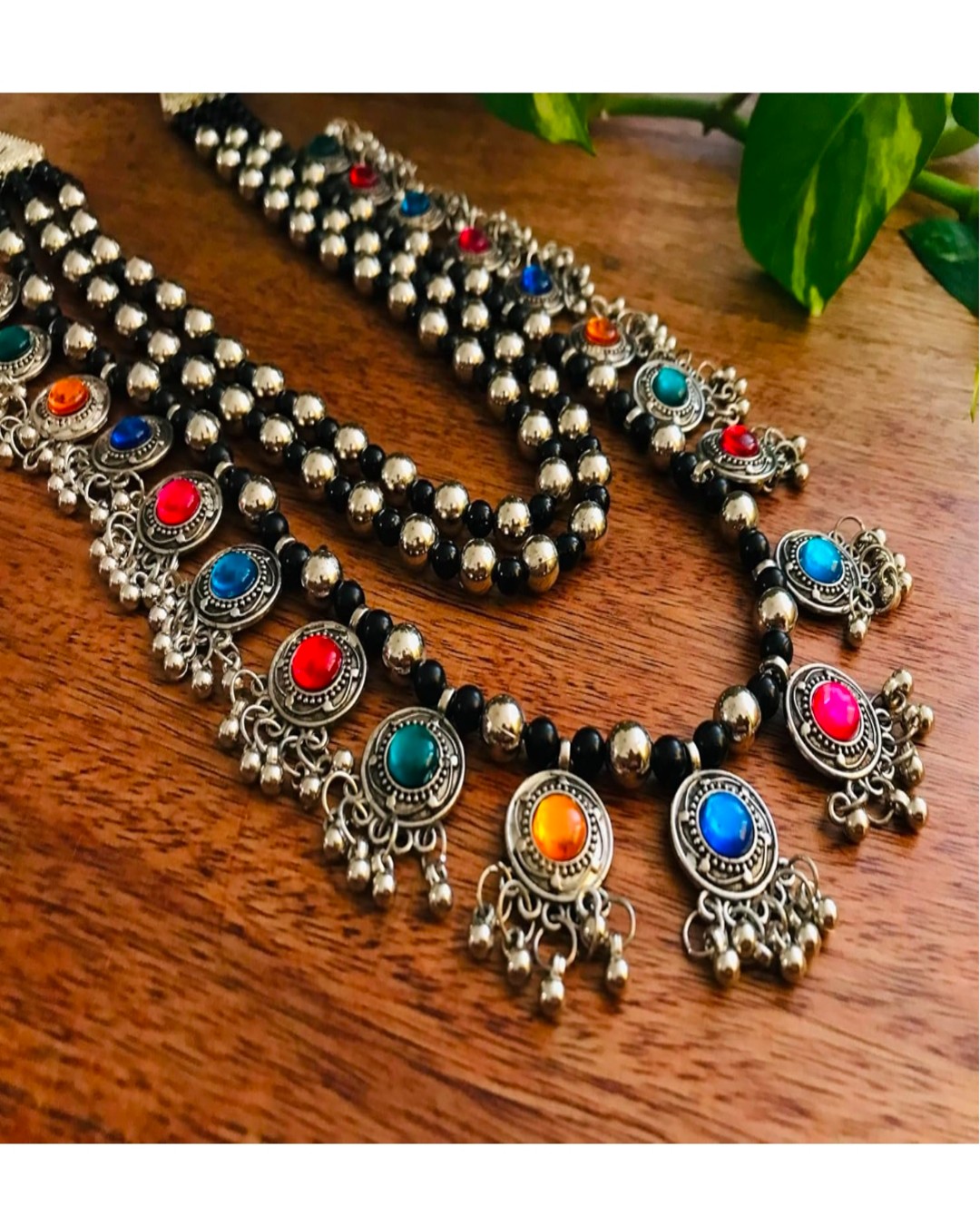 Multi Colour Beaded Oxidised Layered Necklace With Earrings (Pack of 1)