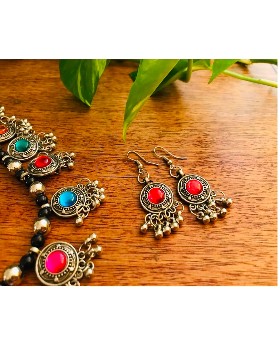 Multi Colour Beaded Oxidised Layered Necklace With Earrings (Pack of 1)