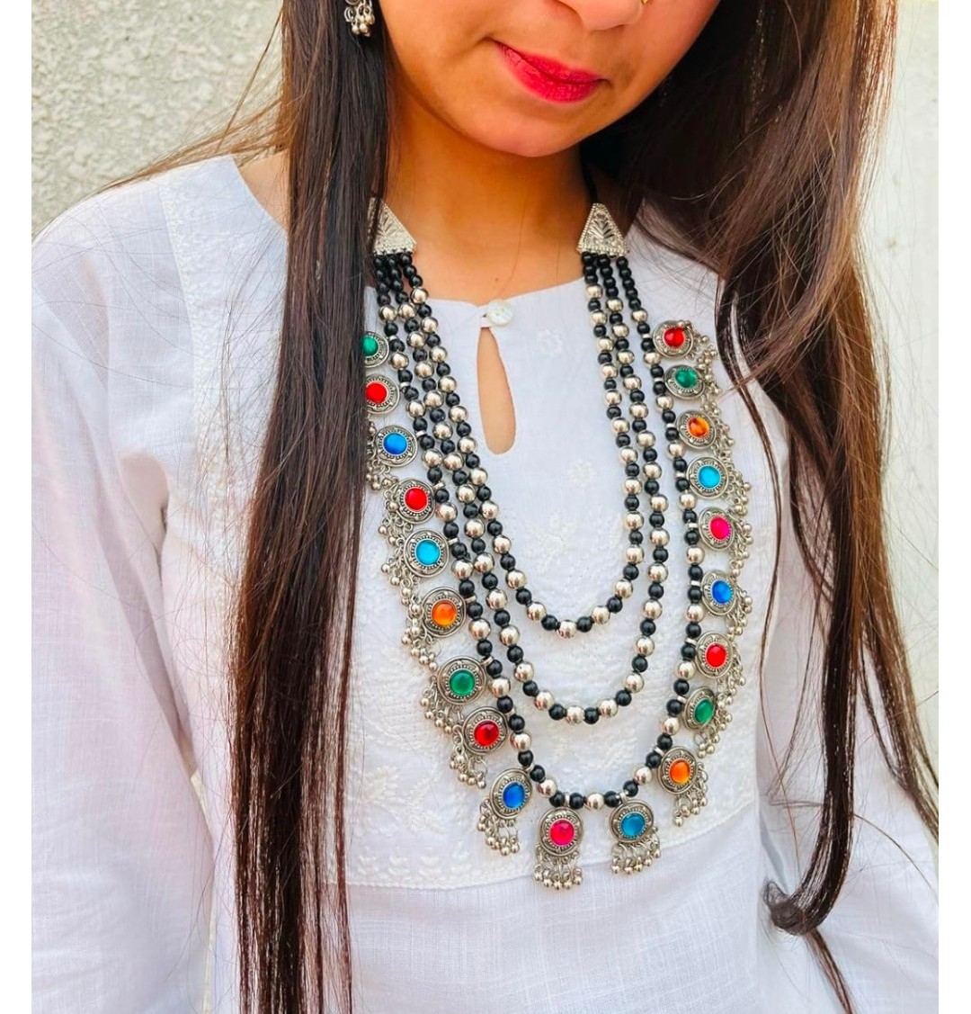 Multi Colour Beaded Oxidised Layered Necklace With Earrings (Pack of 1)