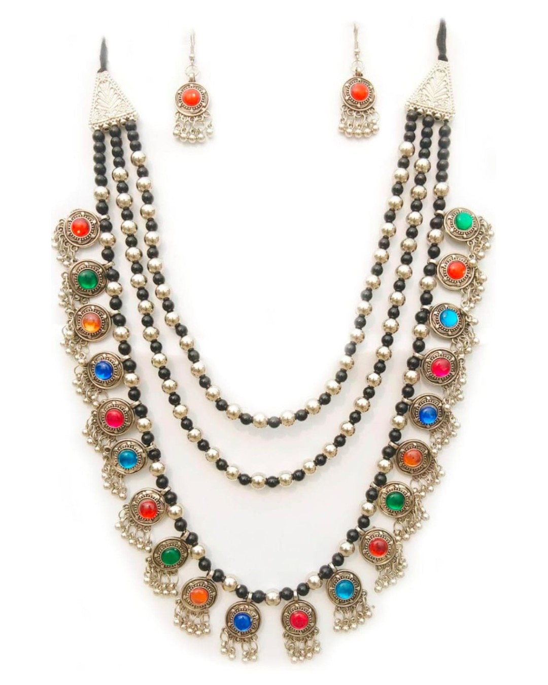 Multi Colour Beaded Oxidised Layered Necklace With Earrings (Pack of 1)