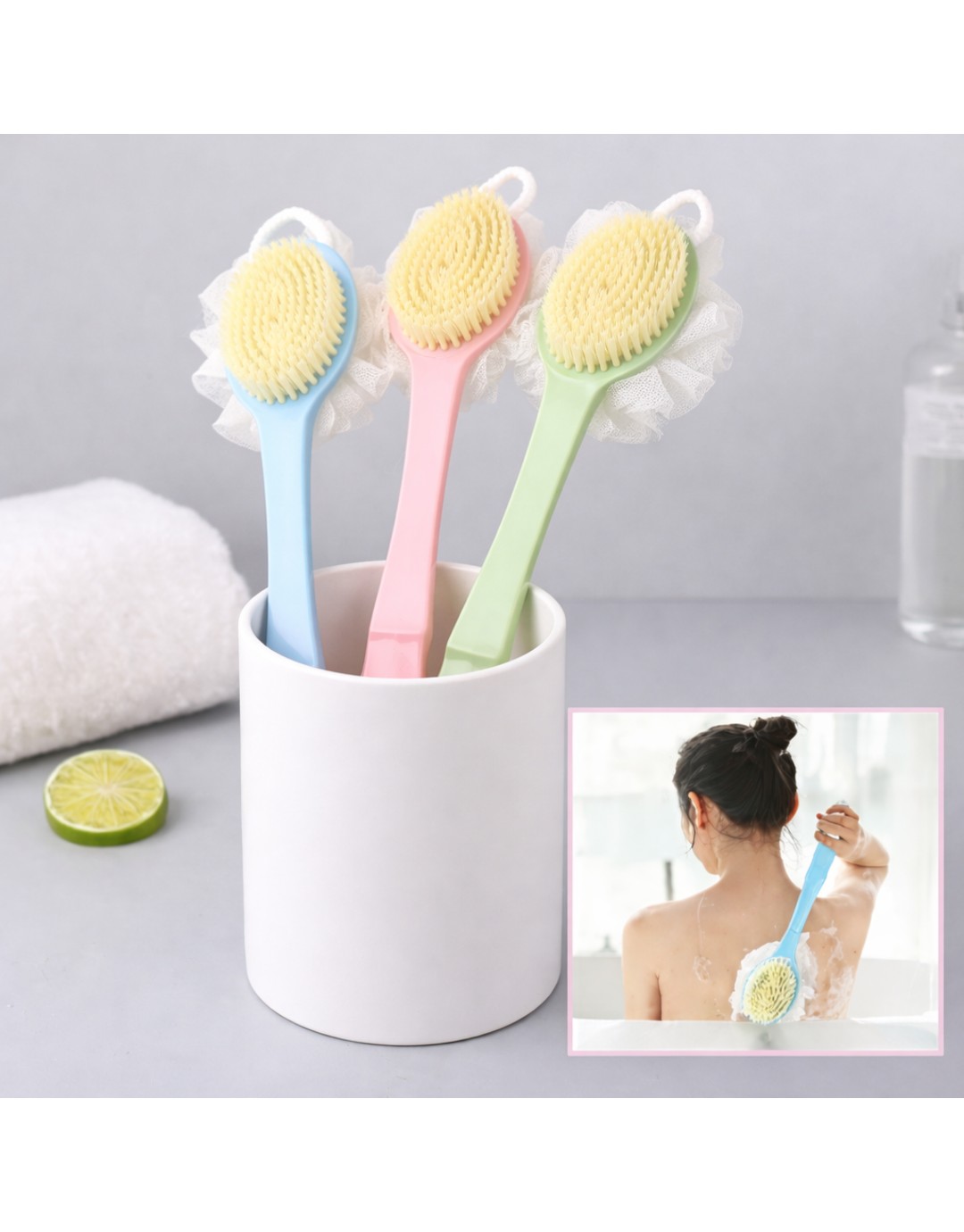 Long Handle Bath Body Brush with Soft Bristles & Loofah Scrubber(pack of 2)