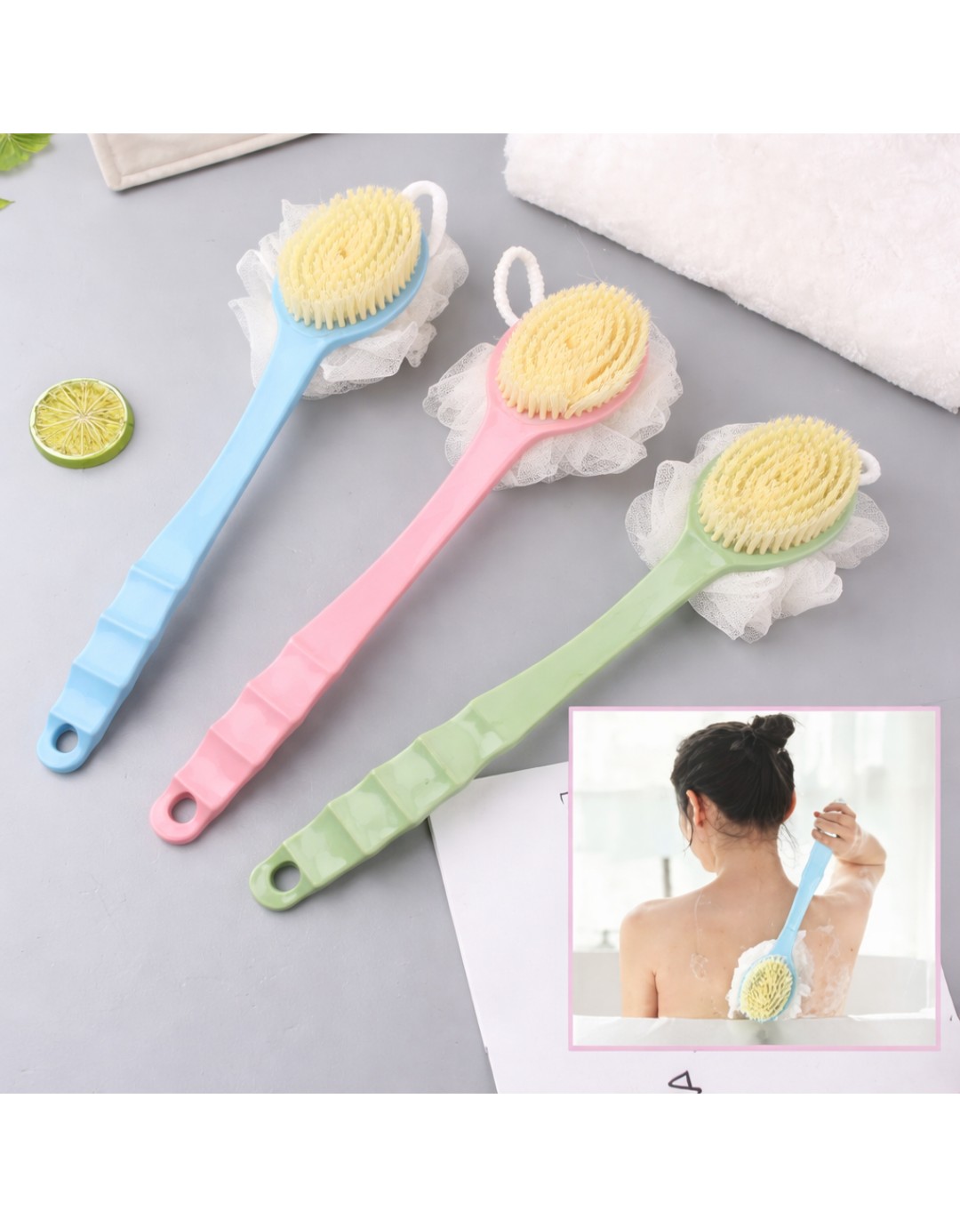Long Handle Bath Body Brush with Soft Bristles & Loofah Scrubber(pack of 2)