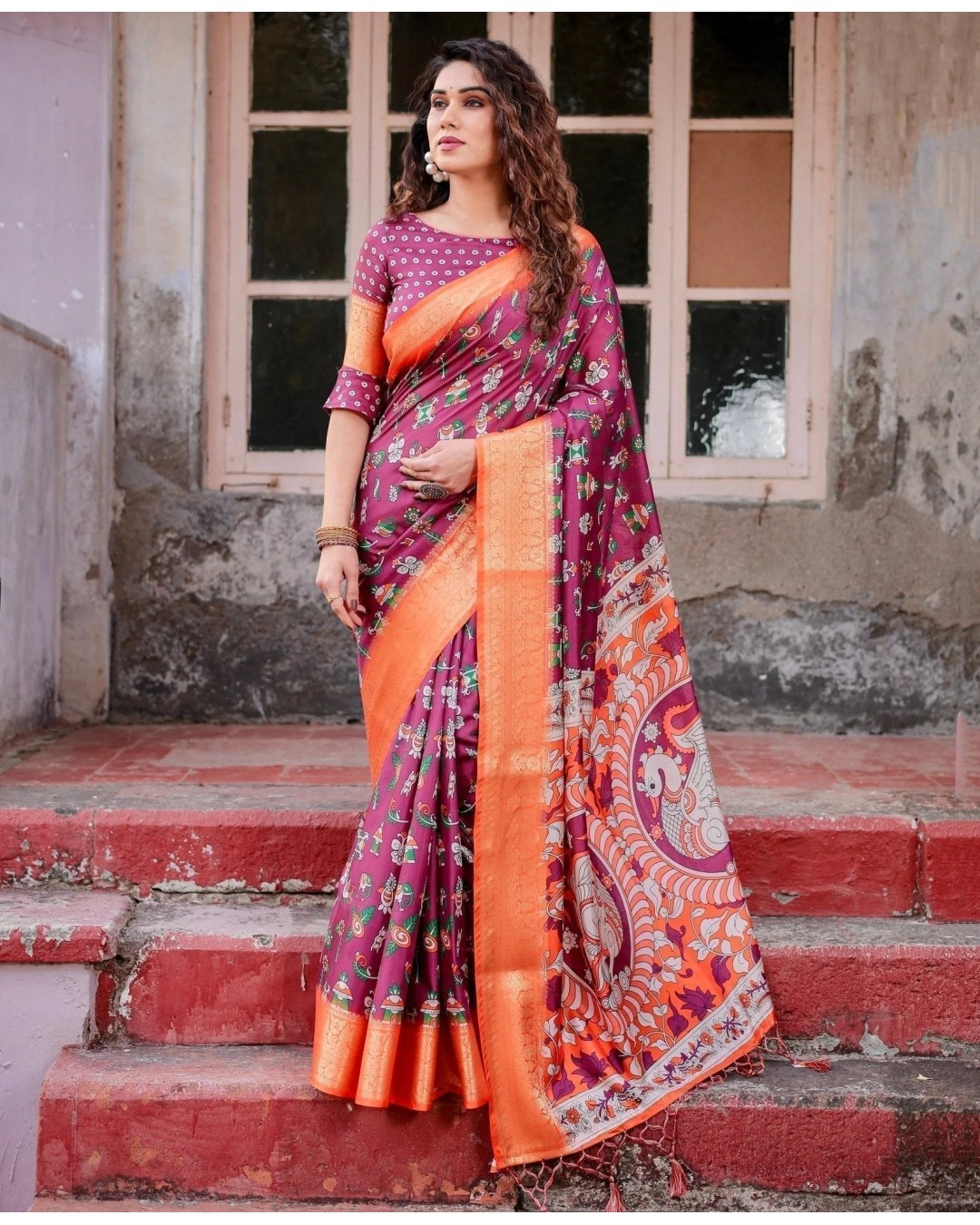 Wine Purple and Orange Tussar Silk Saree with Floral Motifs and Artistic Pallu (pack of 1)