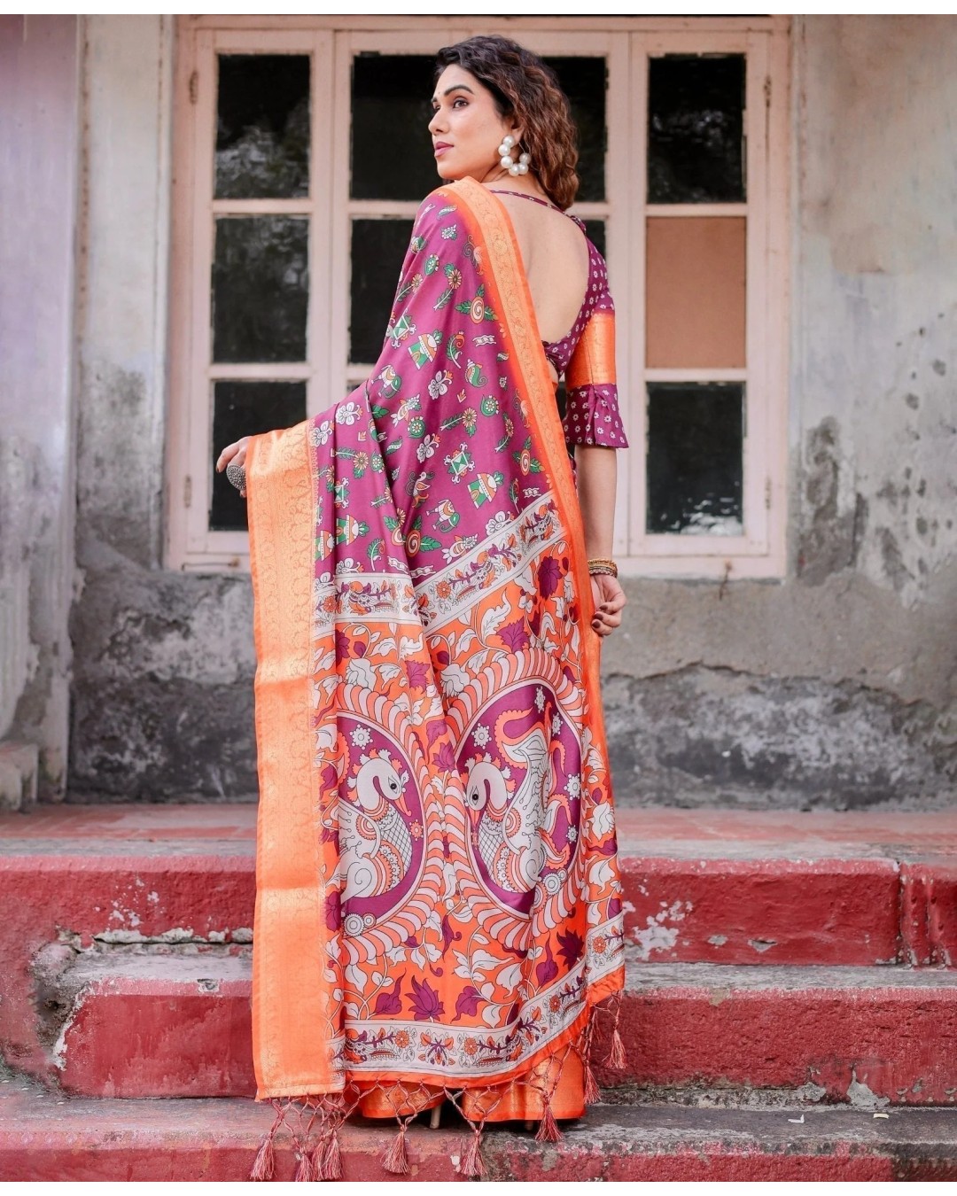 Wine Purple and Orange Tussar Silk Saree with Floral Motifs and Artistic Pallu (pack of 1)