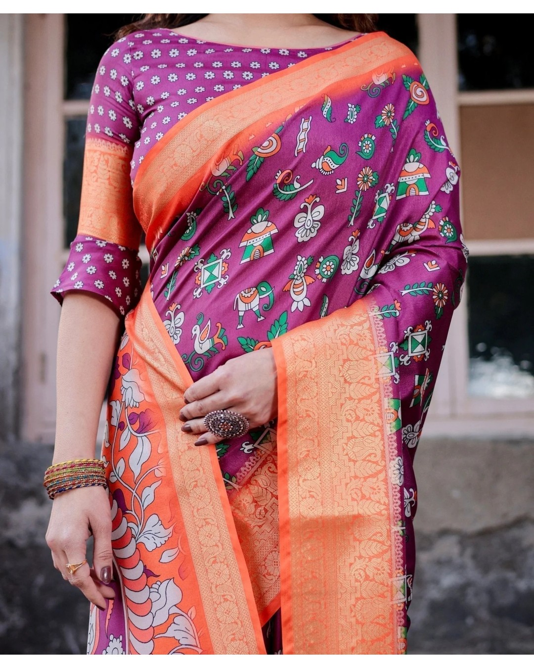 Wine Purple and Orange Tussar Silk Saree with Floral Motifs and Artistic Pallu (pack of 1)