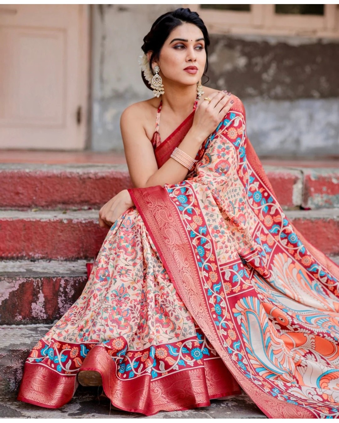 Beige and Coral Tussar Silk Saree with Intricate Floral Prints and Artistic Pallu (pack of 1)