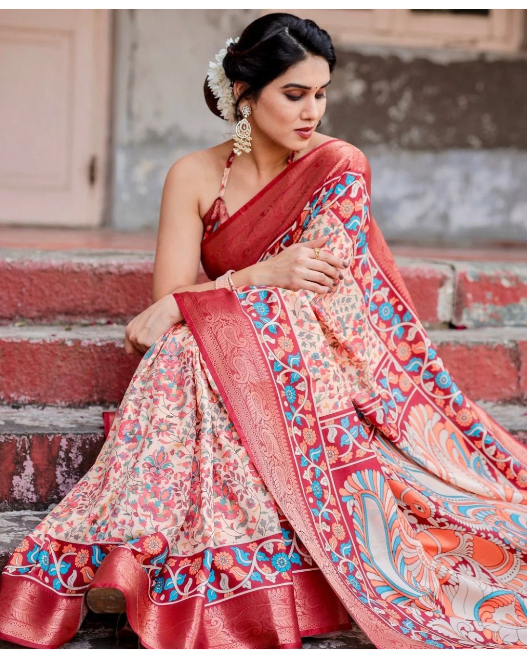 Beige and Coral Tussar Silk Saree with Intricate Floral Prints and Artistic Pallu (pack of 1)