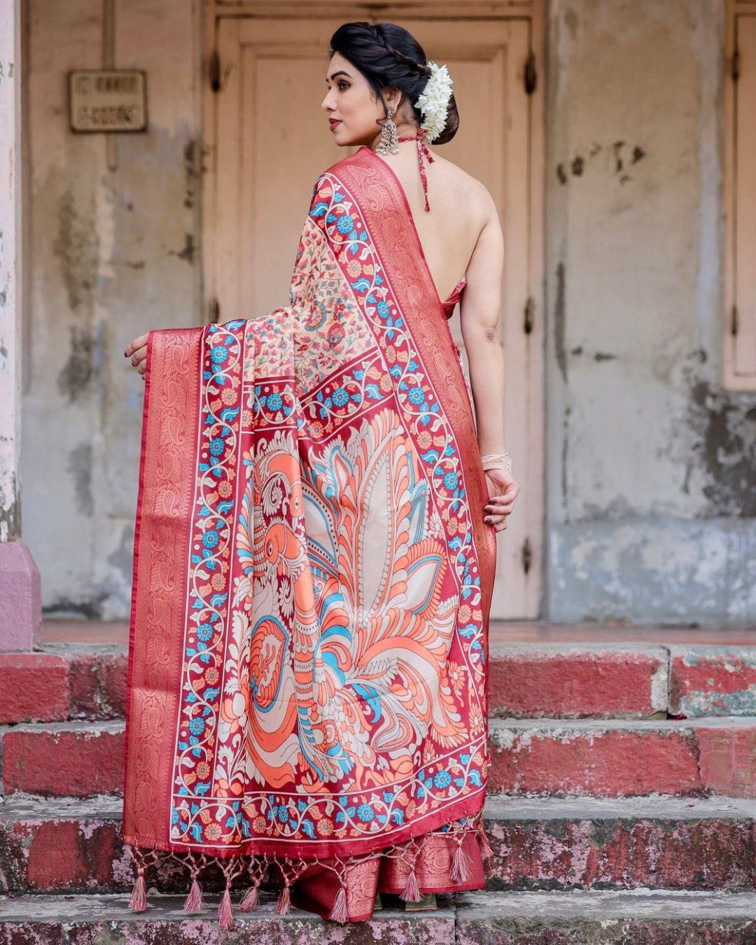 Beige and Coral Tussar Silk Saree with Intricate Floral Prints and Artistic Pallu (pack of 1)