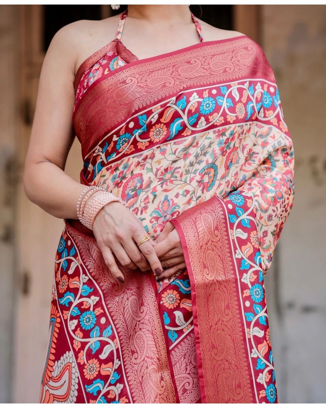 Beige and Coral Tussar Silk Saree with Intricate Floral Prints and Artistic Pallu (pack of 1)