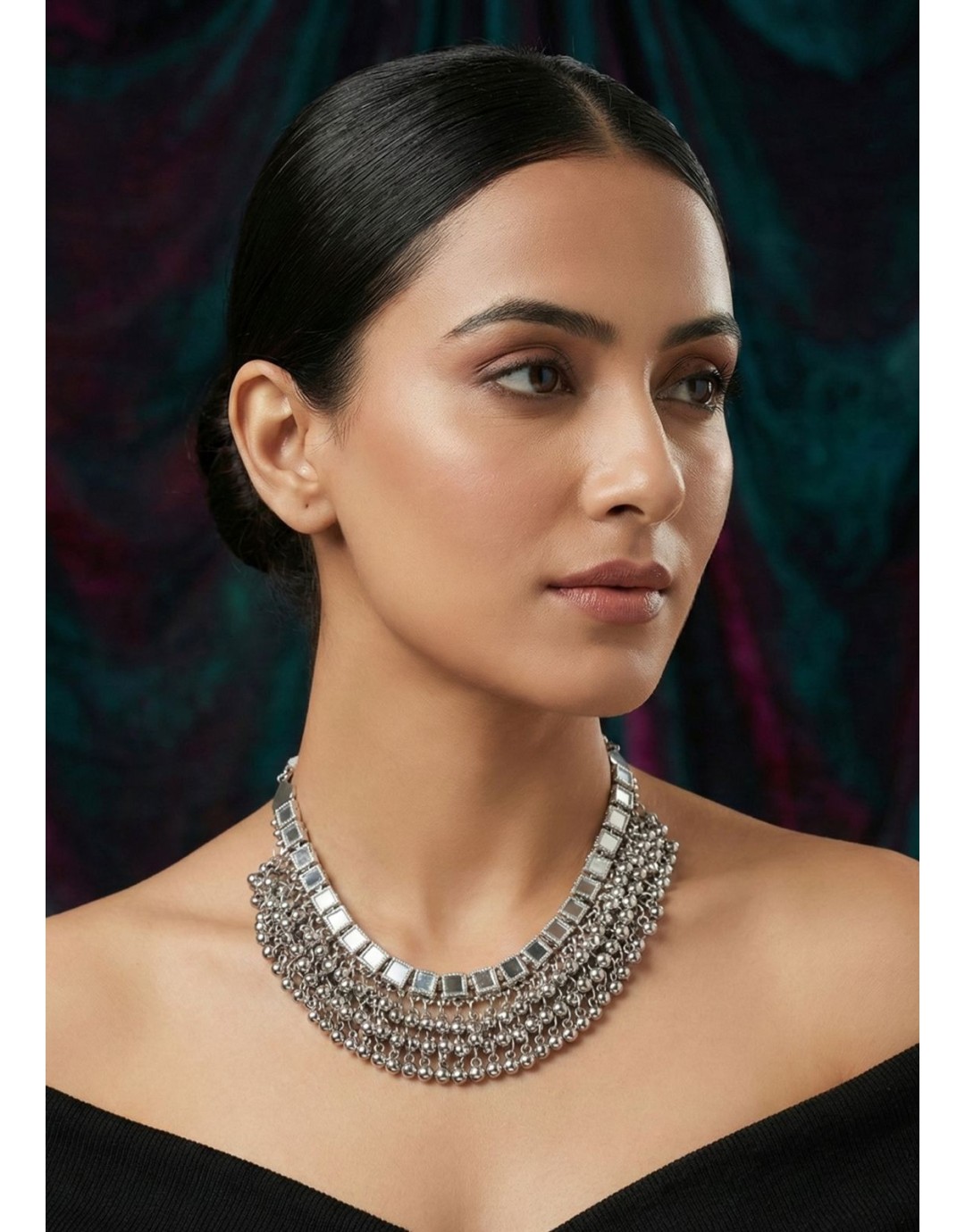 Oxidised Mirror Work Statement Necklace for Women(pack of 1)