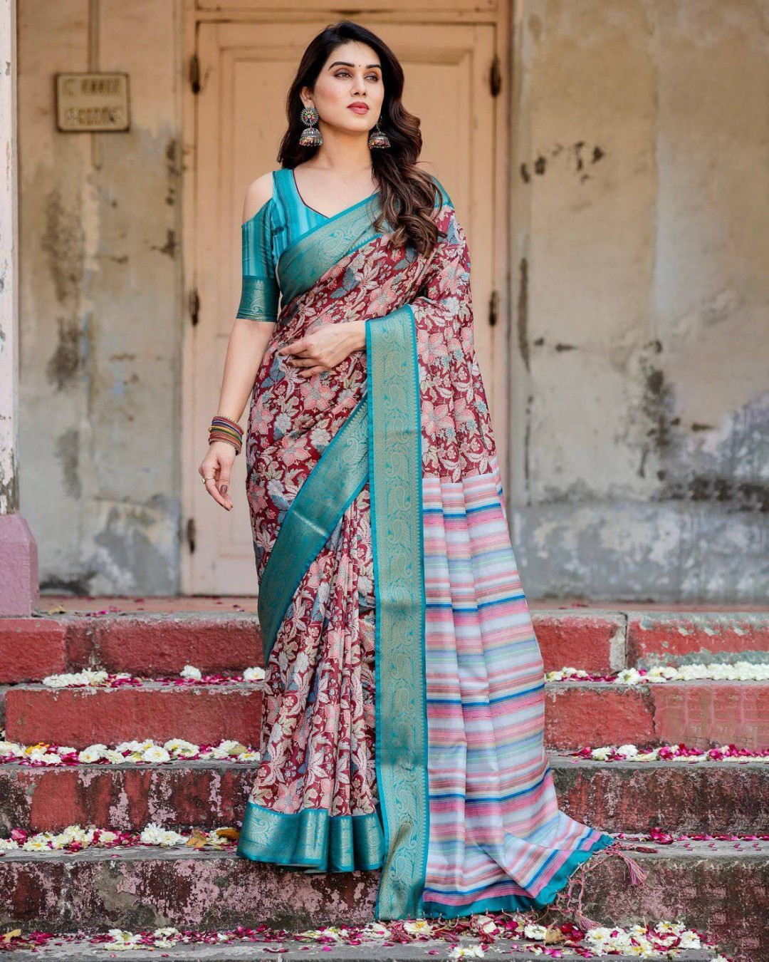 Maroon and Teal Tussar Silk Saree with Floral Zari Weave and Striped Pallu (pack of 1)