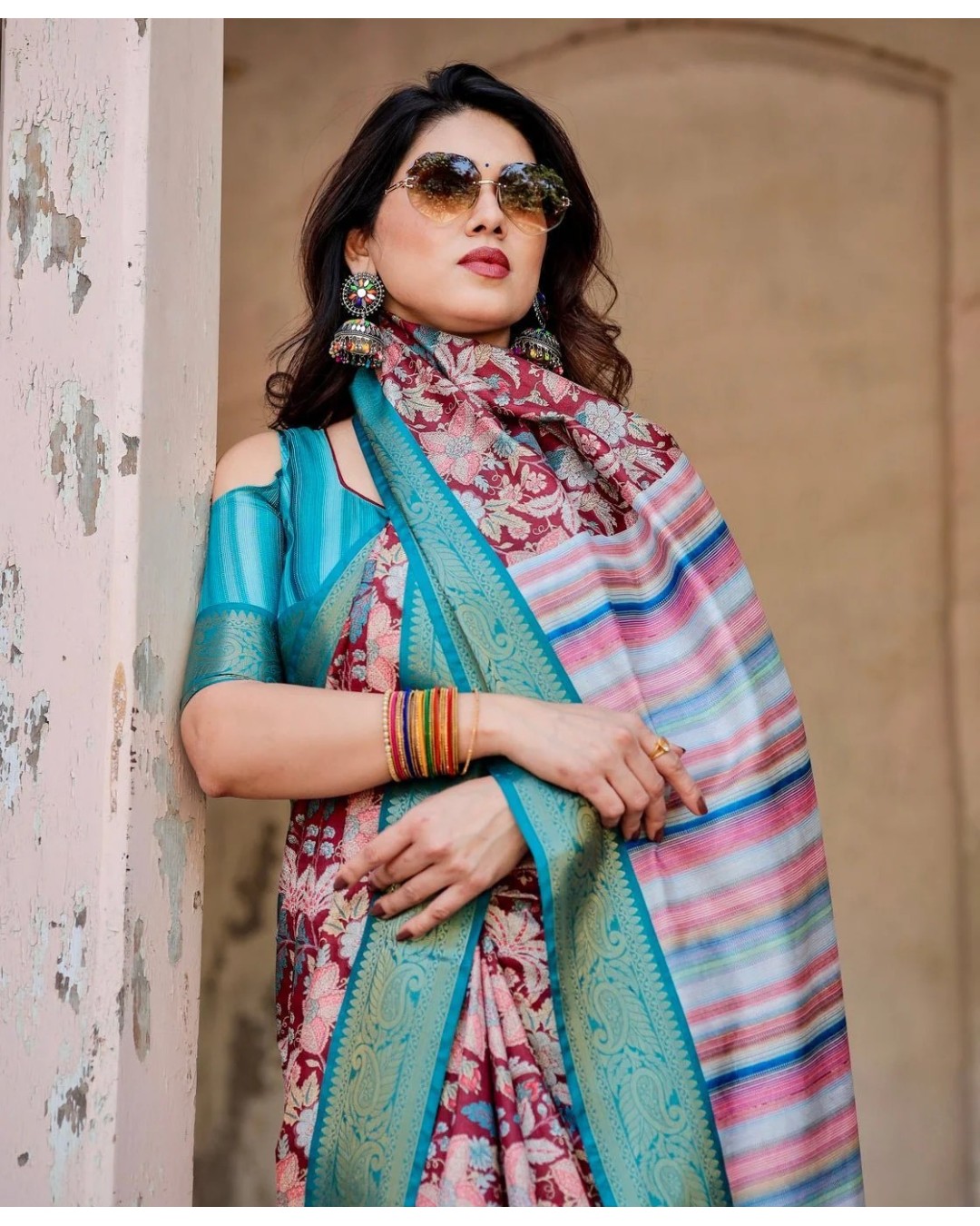 Maroon and Teal Tussar Silk Saree with Floral Zari Weave and Striped Pallu (pack of 1)
