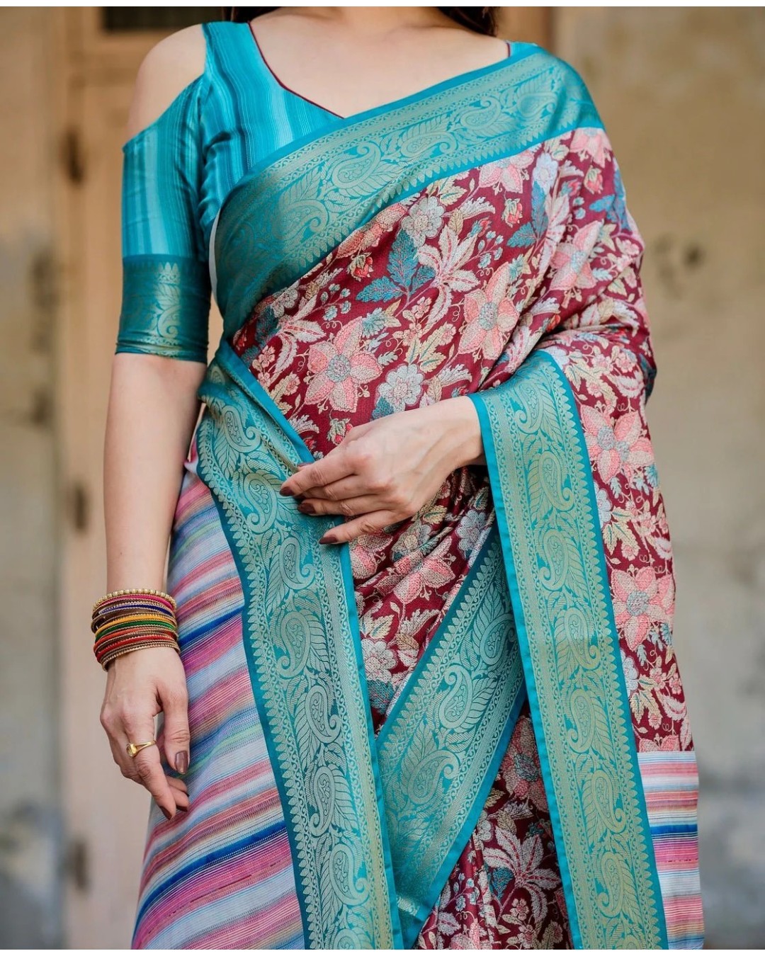 Maroon and Teal Tussar Silk Saree with Floral Zari Weave and Striped Pallu (pack of 1)