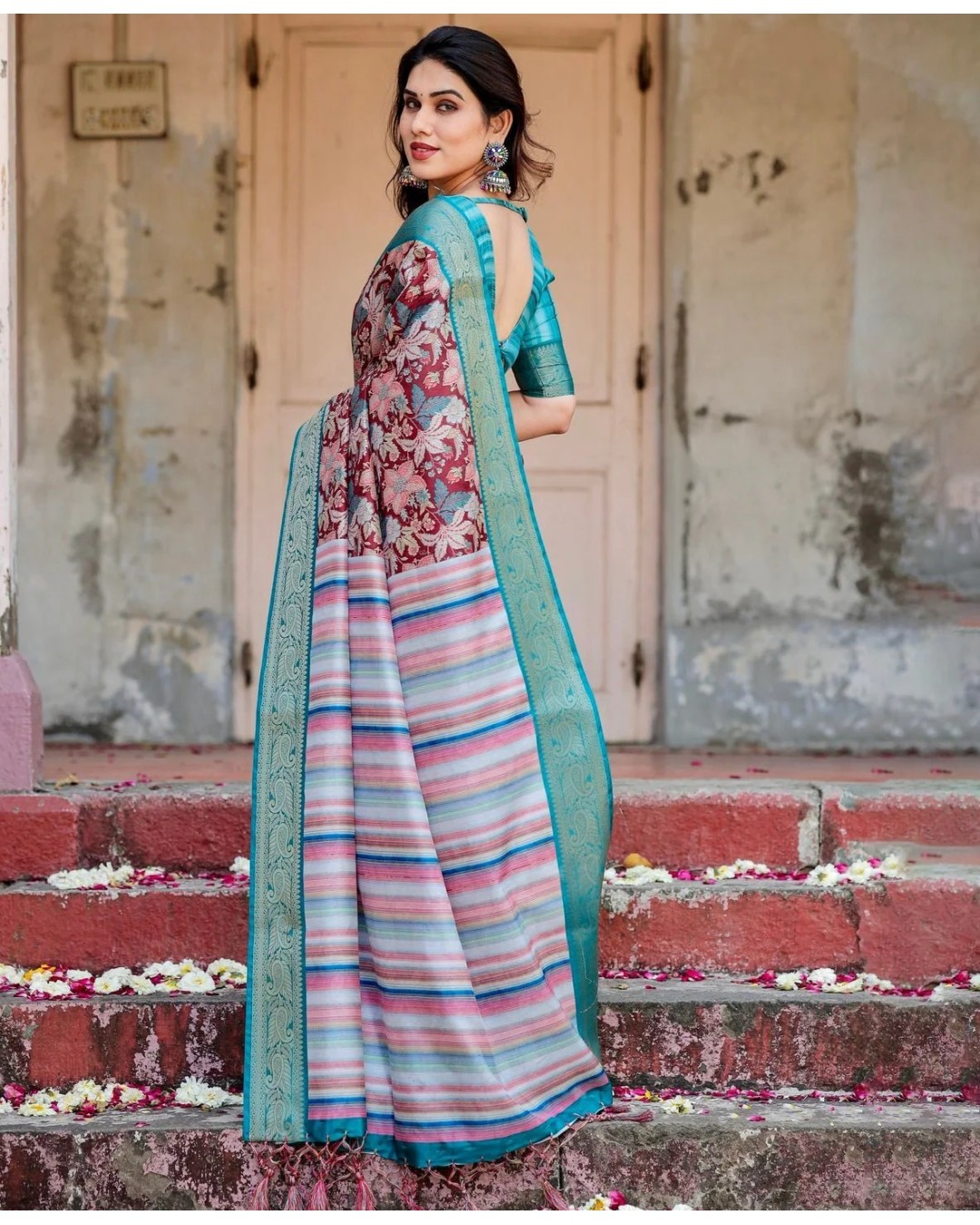 Maroon and Teal Tussar Silk Saree with Floral Zari Weave and Striped Pallu (pack of 1)