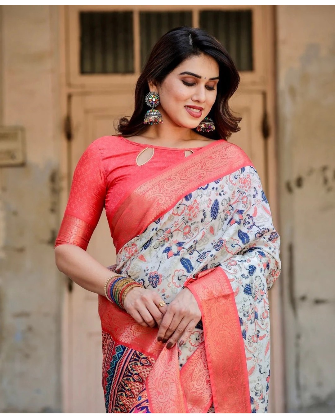 Ivory Tussar Silk Saree with Coral Zari Border and Intricate Floral Motifs (pack of 1)