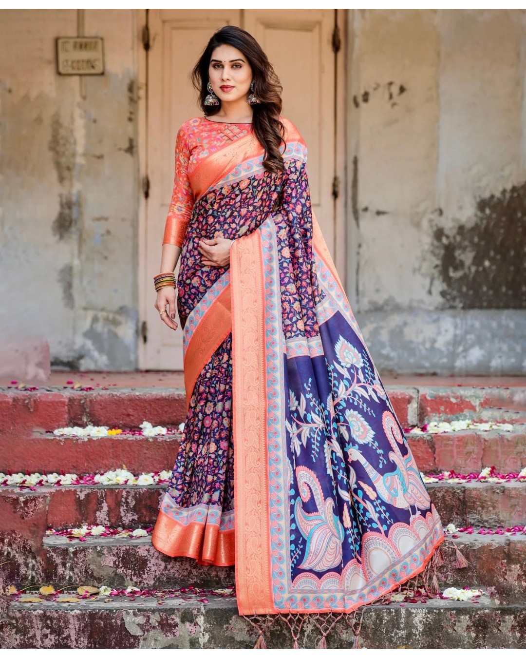 Navy Blue and Peach Tussar Silk Saree with Peacock Motifs and Floral Zari Border (pack of 1)