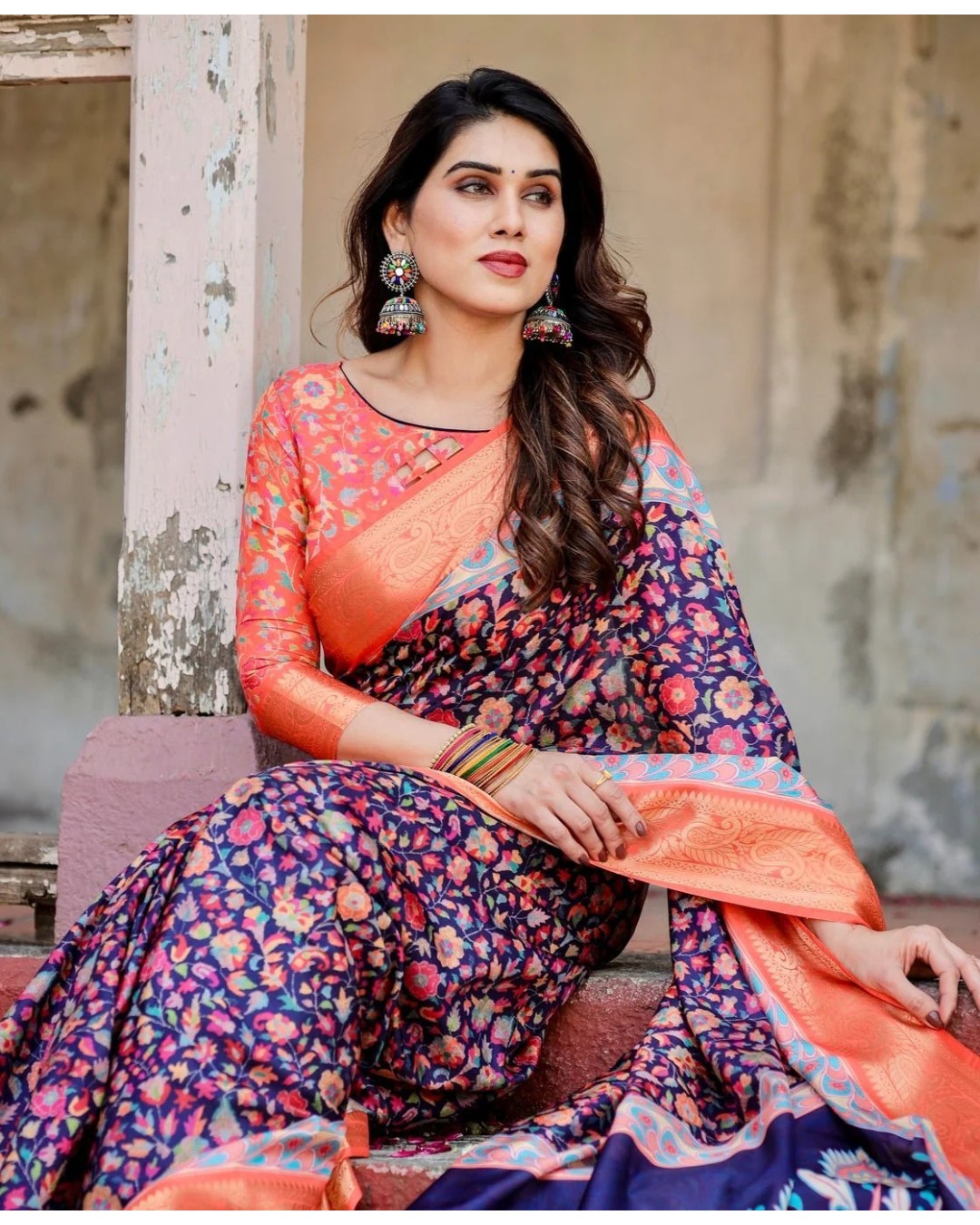 Navy Blue and Peach Tussar Silk Saree with Peacock Motifs and Floral Zari Border (pack of 1)