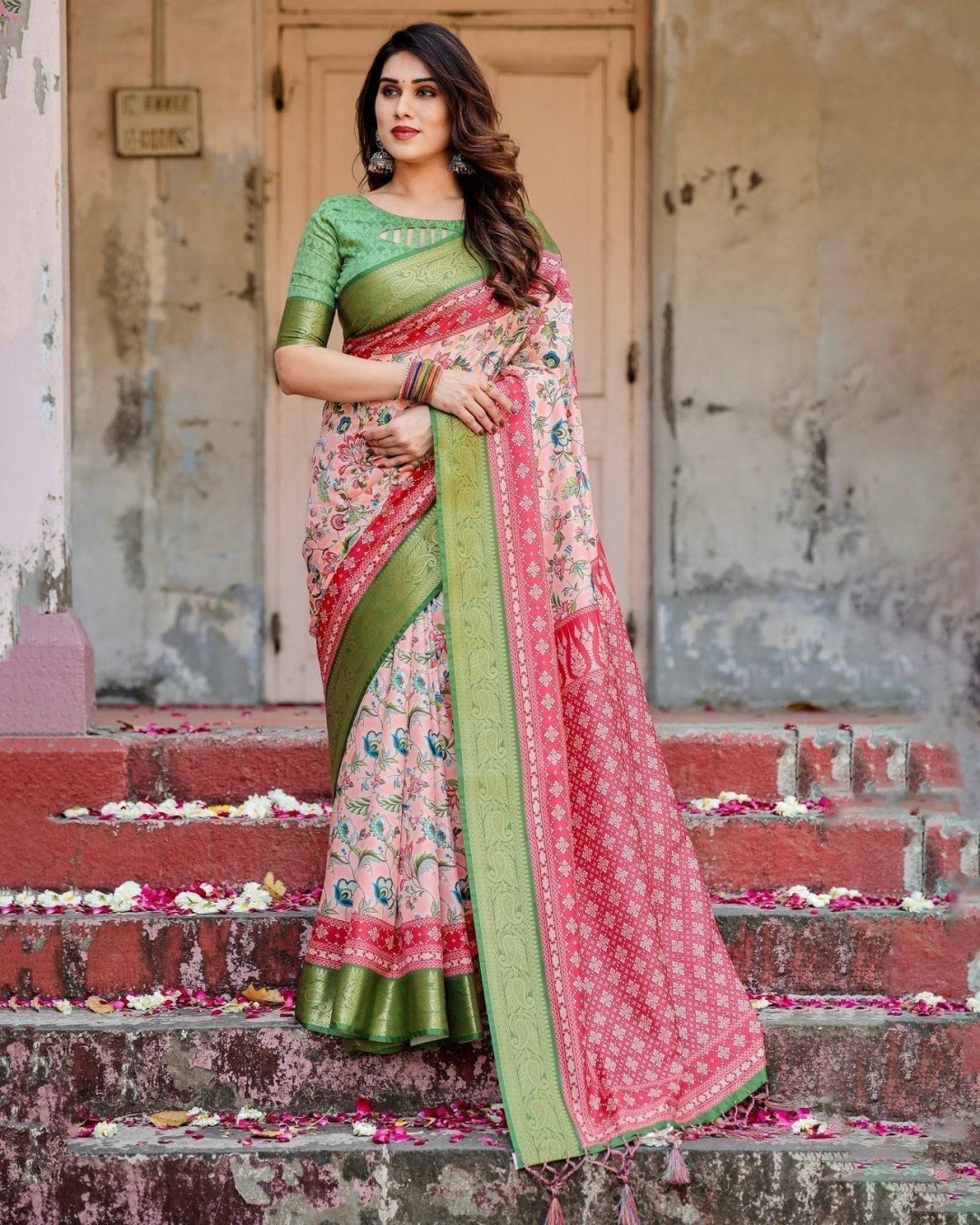 Blush Pink and Green Tussar Silk Saree with Floral Prints and Intricate Zari Work (pack of 1)