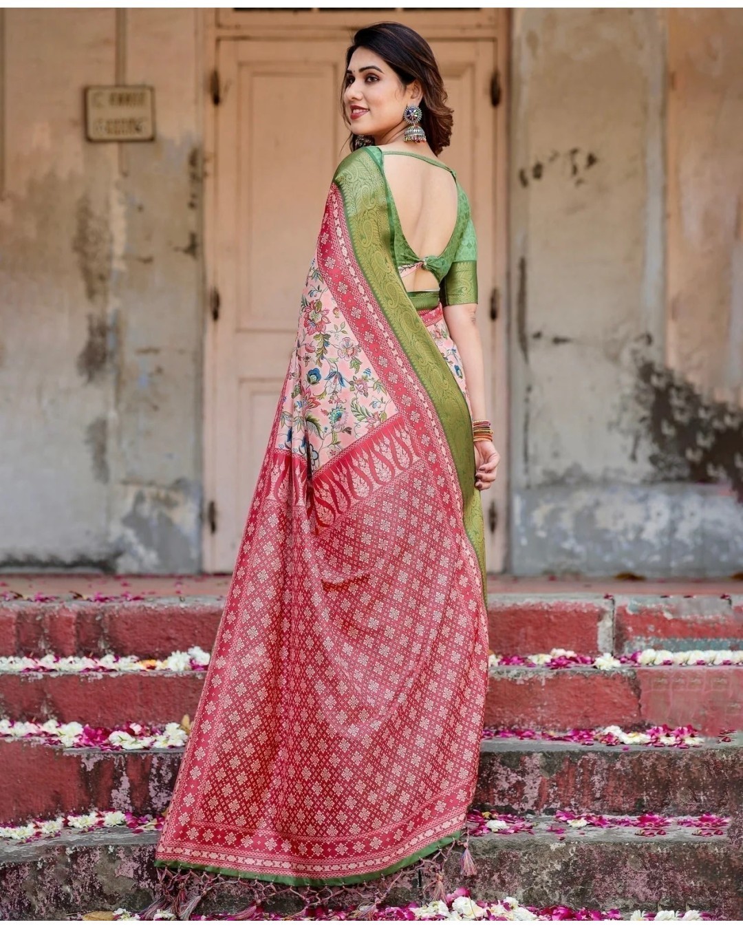 Blush Pink and Green Tussar Silk Saree with Floral Prints and Intricate Zari Work (pack of 1)