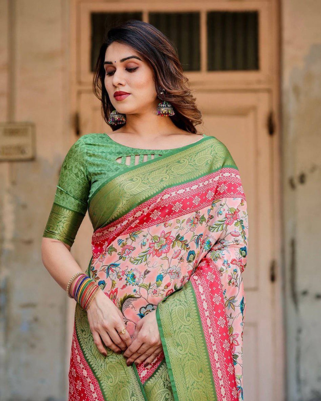Blush Pink and Green Tussar Silk Saree with Floral Prints and Intricate Zari Work (pack of 1)