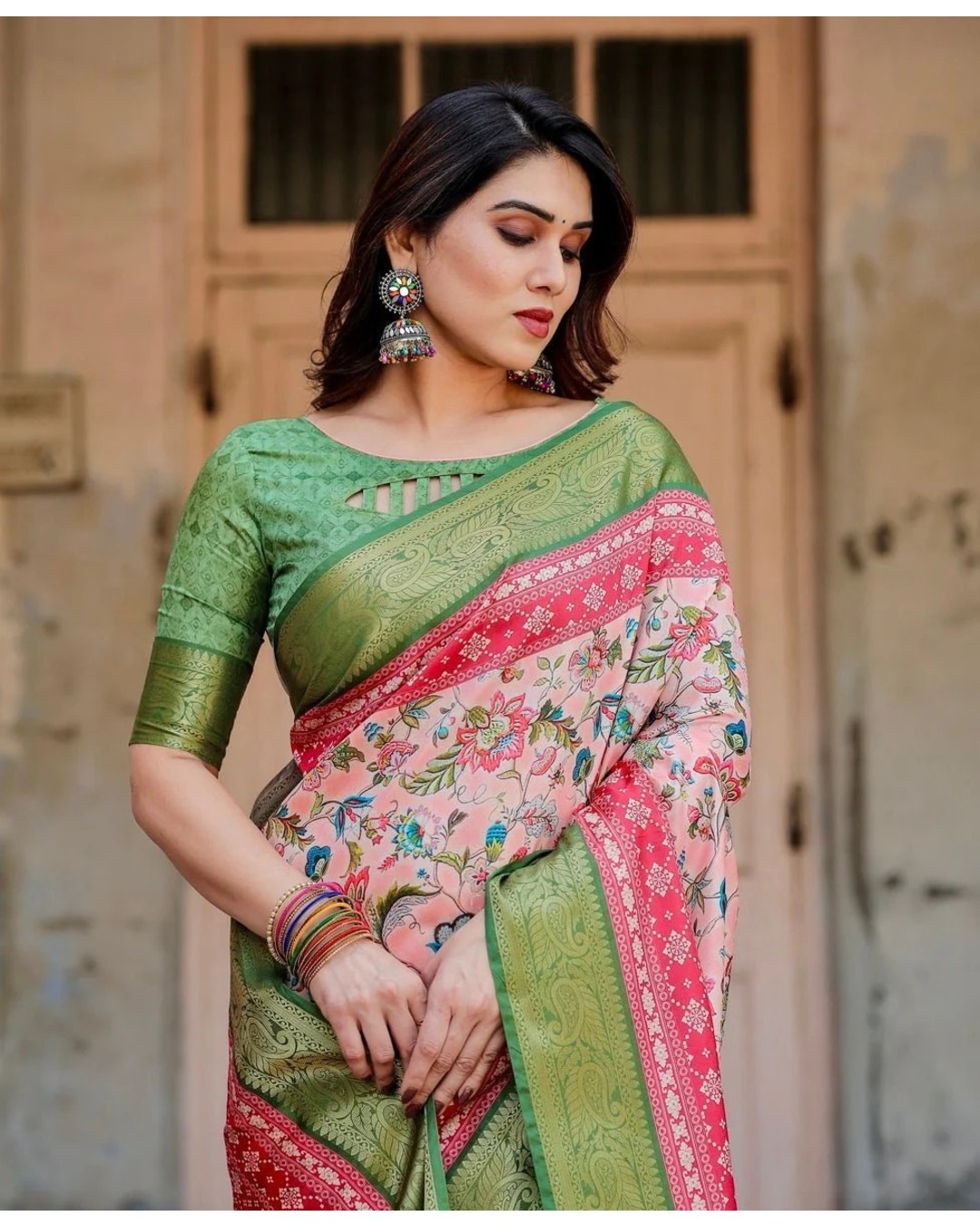 Blush Pink and Green Tussar Silk Saree with Floral Prints and Intricate Zari Work (pack of 1)