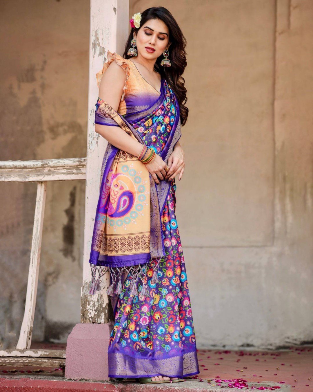 Royal Purple Tussar Silk Saree with Vibrant Floral Print and Peacock Motif Pallu (pack of 1)