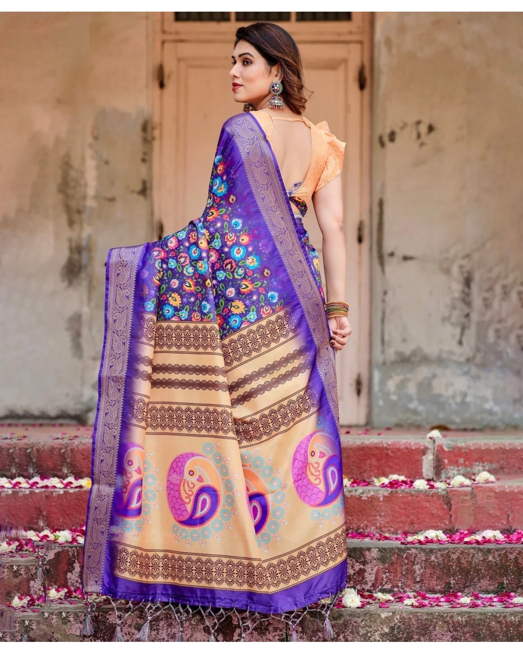 Royal Purple Tussar Silk Saree with Vibrant Floral Print and Peacock Motif Pallu (pack of 1)