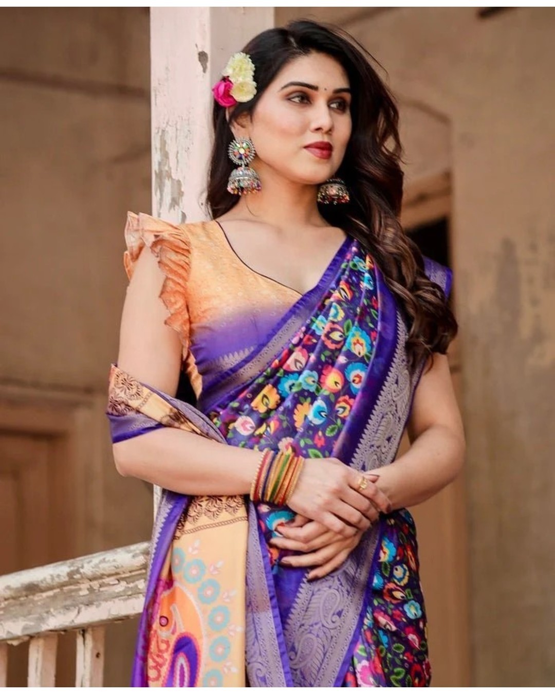 Royal Purple Tussar Silk Saree with Vibrant Floral Print and Peacock Motif Pallu (pack of 1)
