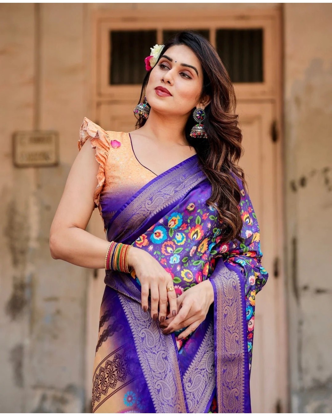 Royal Purple Tussar Silk Saree with Vibrant Floral Print and Peacock Motif Pallu (pack of 1)