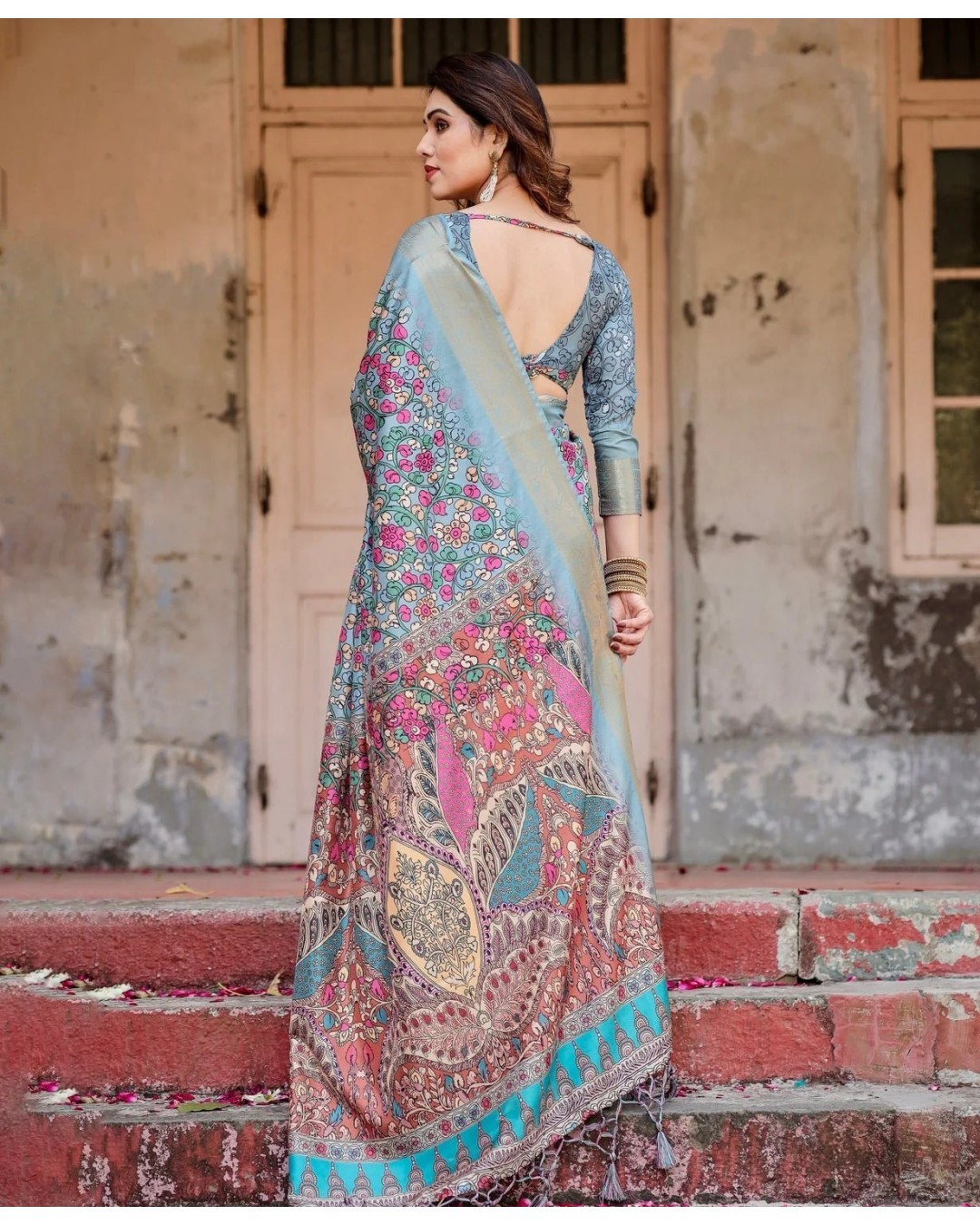 Sky Blue Tussar Silk Saree with Floral Weaves and Ornamental Pallu Design (pack of 1)