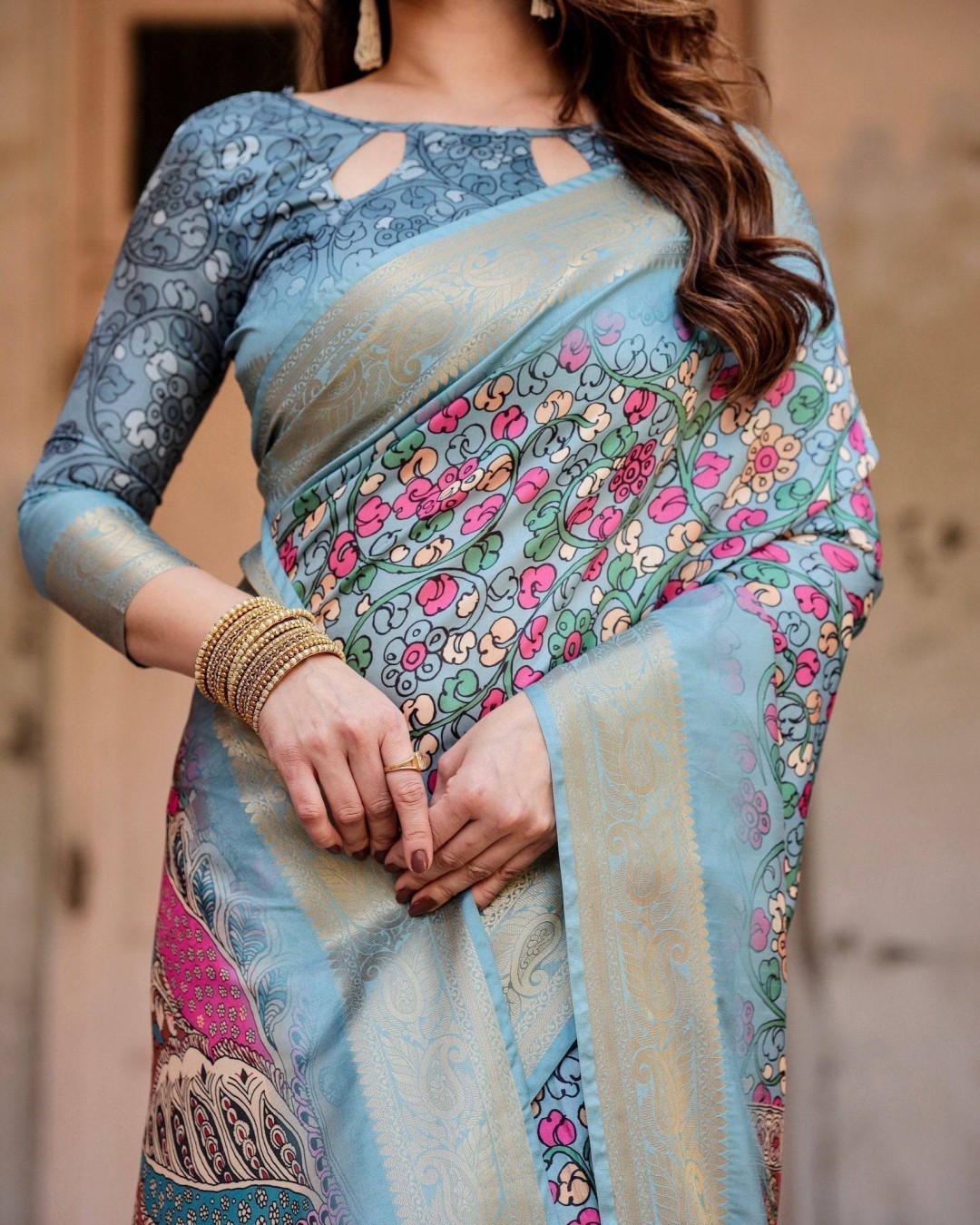 Sky Blue Tussar Silk Saree with Floral Weaves and Ornamental Pallu Design (pack of 1)