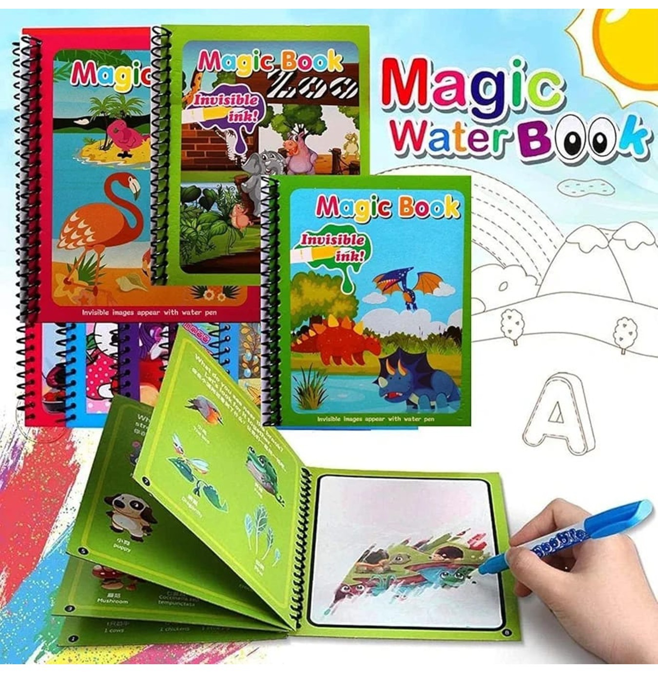 Eco Shopee SHOPPING SIMPLIFIED Magic Water Coloring Drawing Painting Books Doodle Coloring Children Reusable Baby Drawing Book with Pen MWB1 (pack of 2)