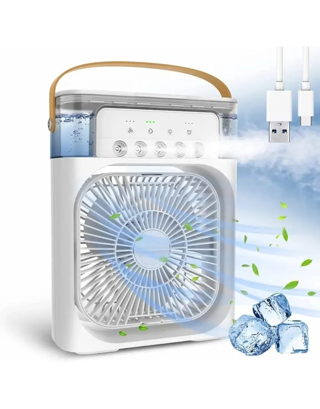 {"en":"Portable Humidifier Air Cooler Mist Fan Mini Table Fan for Home with 3 Speed Mode with Water Spray, 7 Color LED & Timer, USB Personal Cooler Desk Fan for Shop, Office, Kitchen (White)(