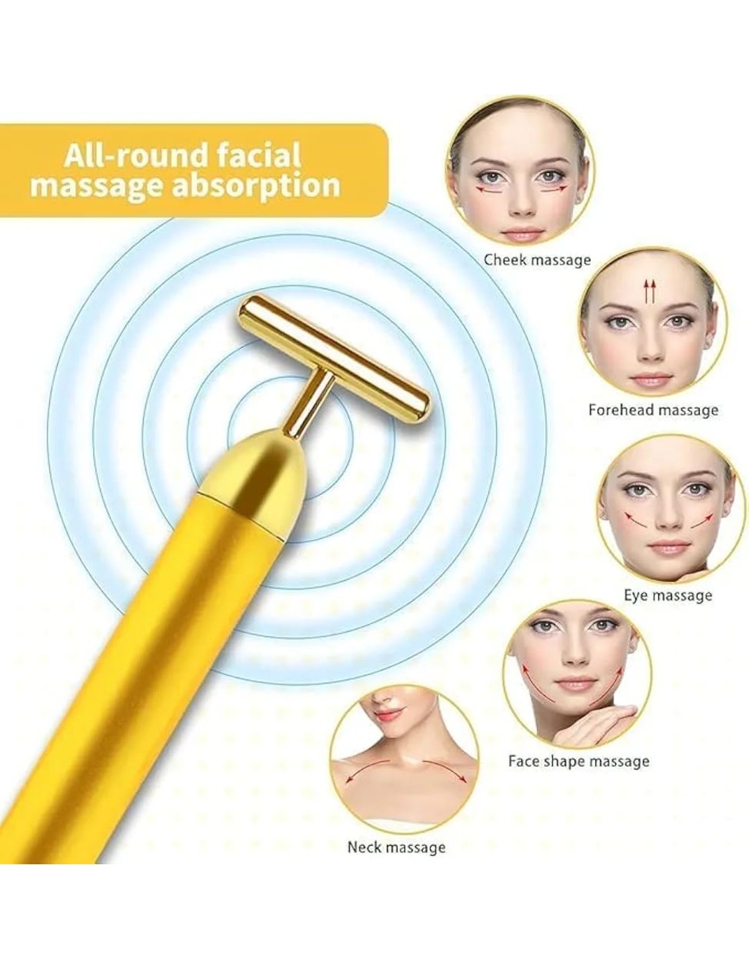 1Pc 24K Gold Energy Beauty Bar Electric Vibration Facial Massage Roller Waterproof Face Skin Care T-Shaped Anti Wrinkle Massager Forehead Cheek Neck Clavicle Arm Leg (pack of 1)