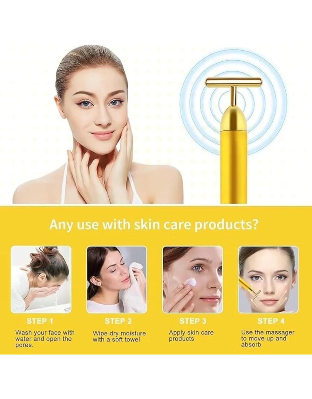 1Pc 24K Gold Energy Beauty Bar Electric Vibration Facial Massage Roller Waterproof Face Skin Care T-Shaped Anti Wrinkle Massager Forehead Cheek Neck Clavicle Arm Leg (pack of 1)