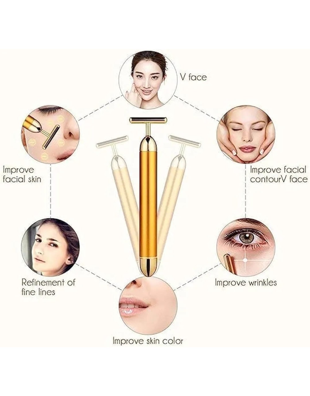 1Pc 24K Gold Energy Beauty Bar Electric Vibration Facial Massage Roller Waterproof Face Skin Care T-Shaped Anti Wrinkle Massager Forehead Cheek Neck Clavicle Arm Leg (pack of 1)