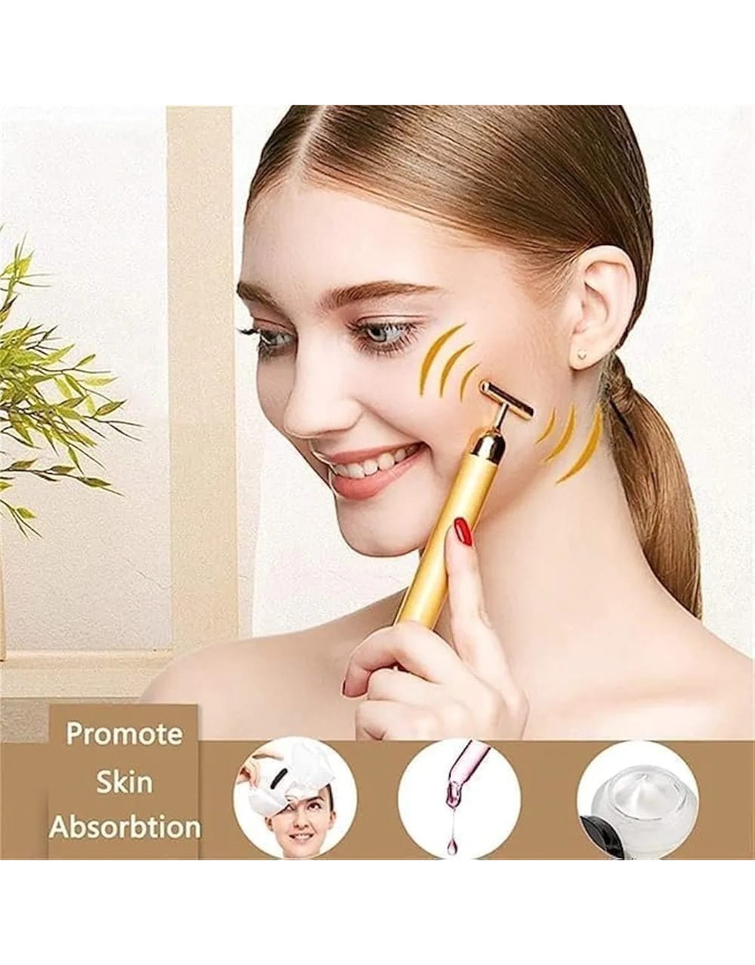 1Pc 24K Gold Energy Beauty Bar Electric Vibration Facial Massage Roller Waterproof Face Skin Care T-Shaped Anti Wrinkle Massager Forehead Cheek Neck Clavicle Arm Leg (pack of 1)