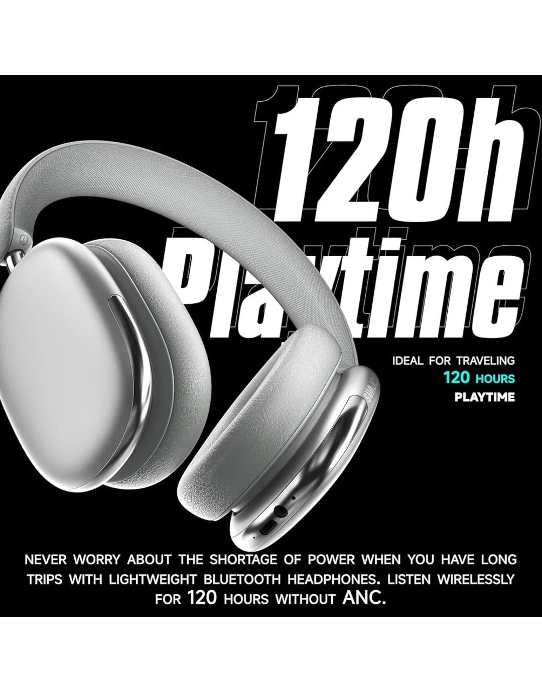 Freepods Over-Ear Bluetooth Headphones with Mic,120 Hour Playtime Active Noise Cancelling,Hi-Res Audio,Wireless ANC Headset, Android Compatible - Silver( pack of 1)
