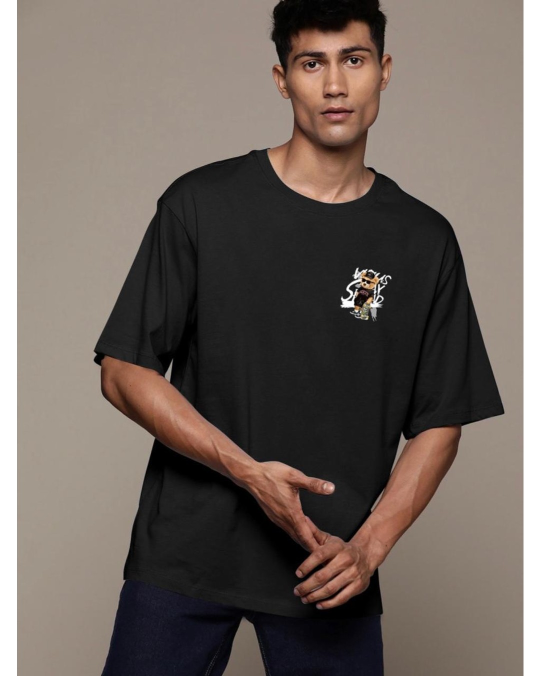 Men’s Black Oversized Graphic T-Shirt – Minimal Front Print Tee (pack of 1)