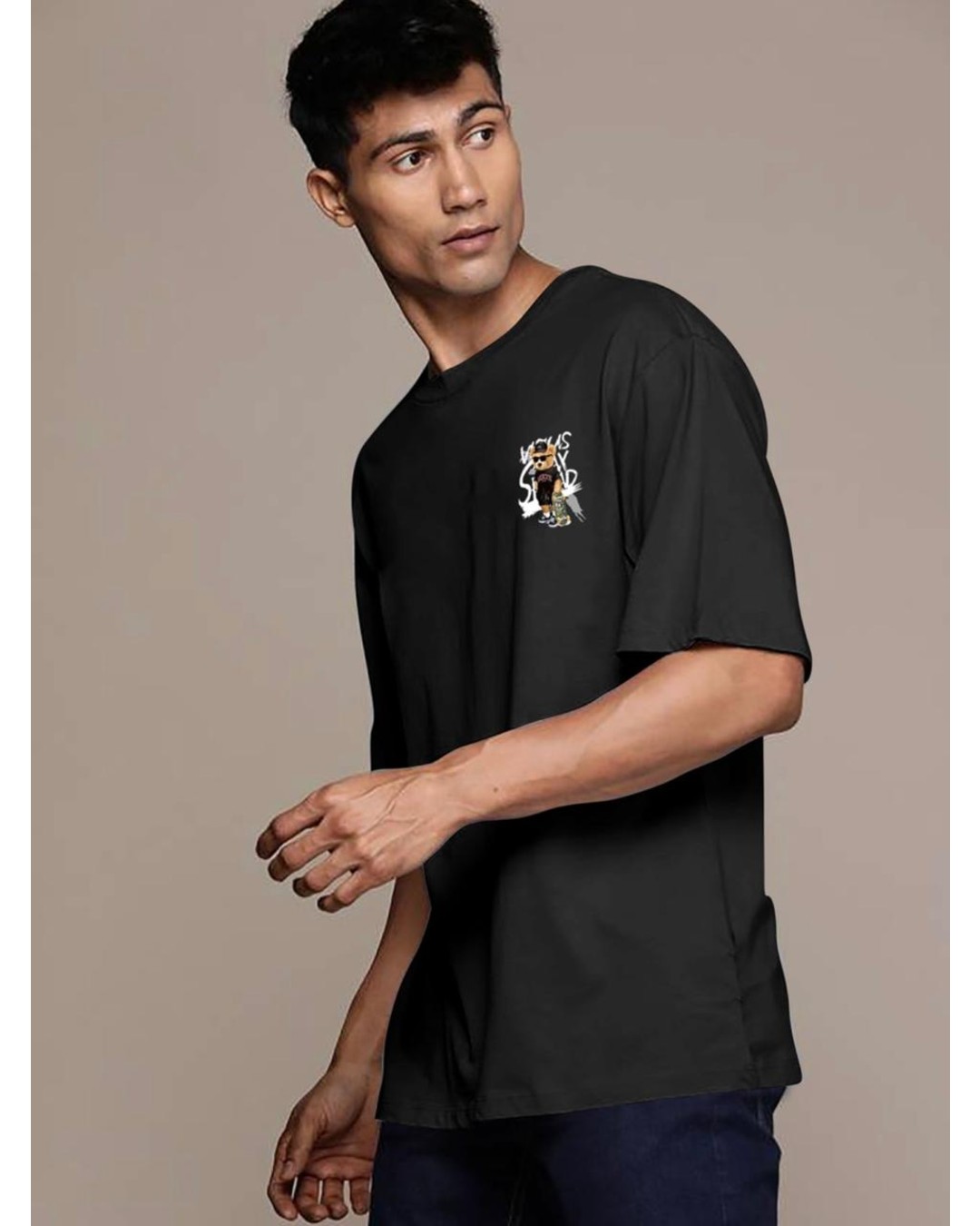 Men’s Black Oversized Graphic T-Shirt – Minimal Front Print Tee (pack of 1)