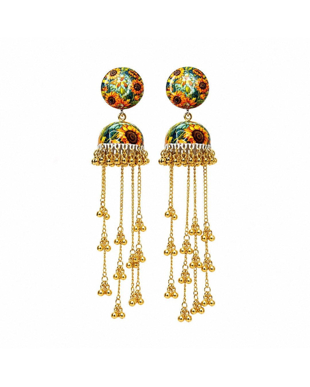 Traditional Kashmiri Printed Multicolor Floral Jhumka Earrings for Women | Long Chain Golden Ghungroo Earrings | Ethnic Traditional (pack of 1)